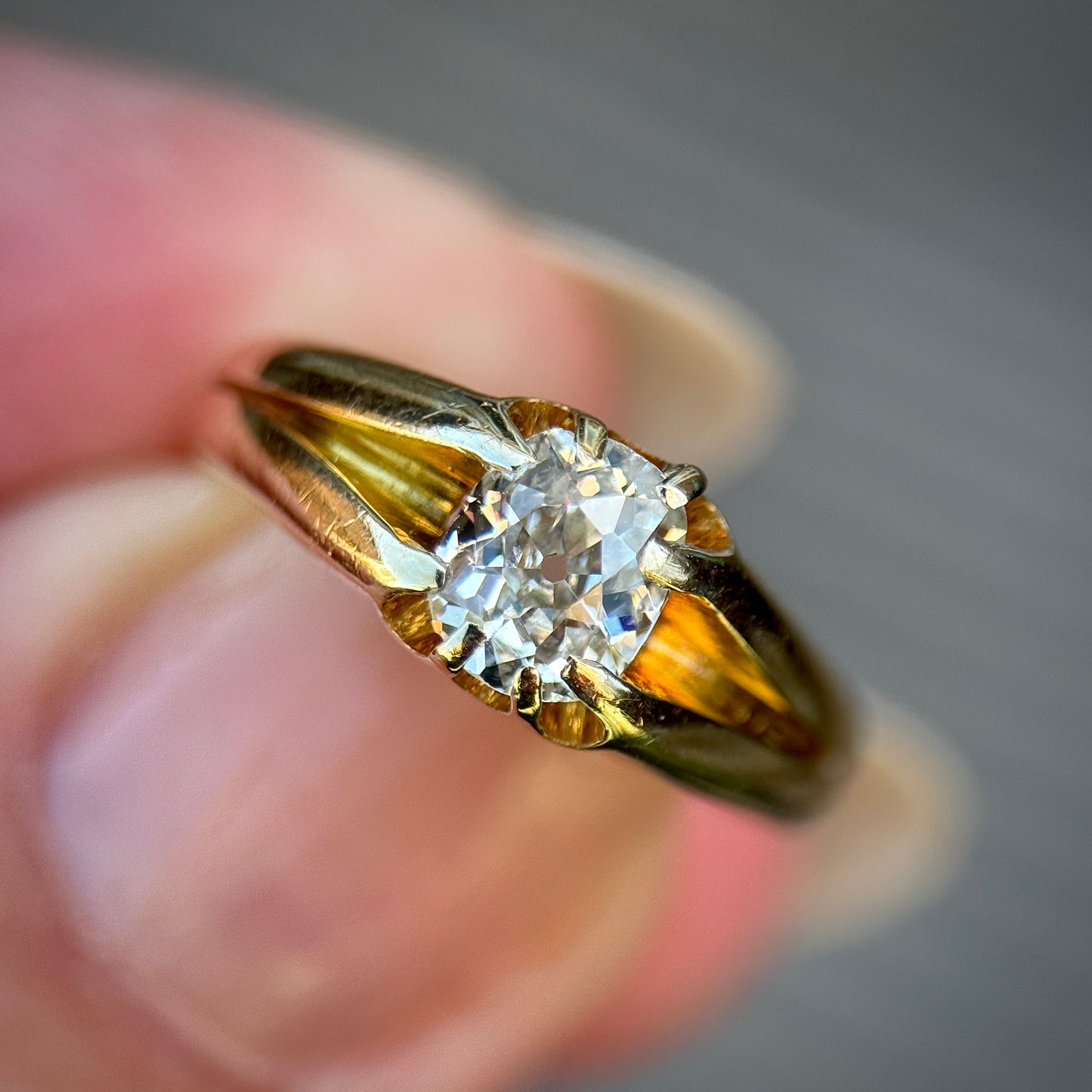 18ct Gold Antique Fully Hallmarked 0.68ct Elongated Old Cut Diamond gypsy Ring