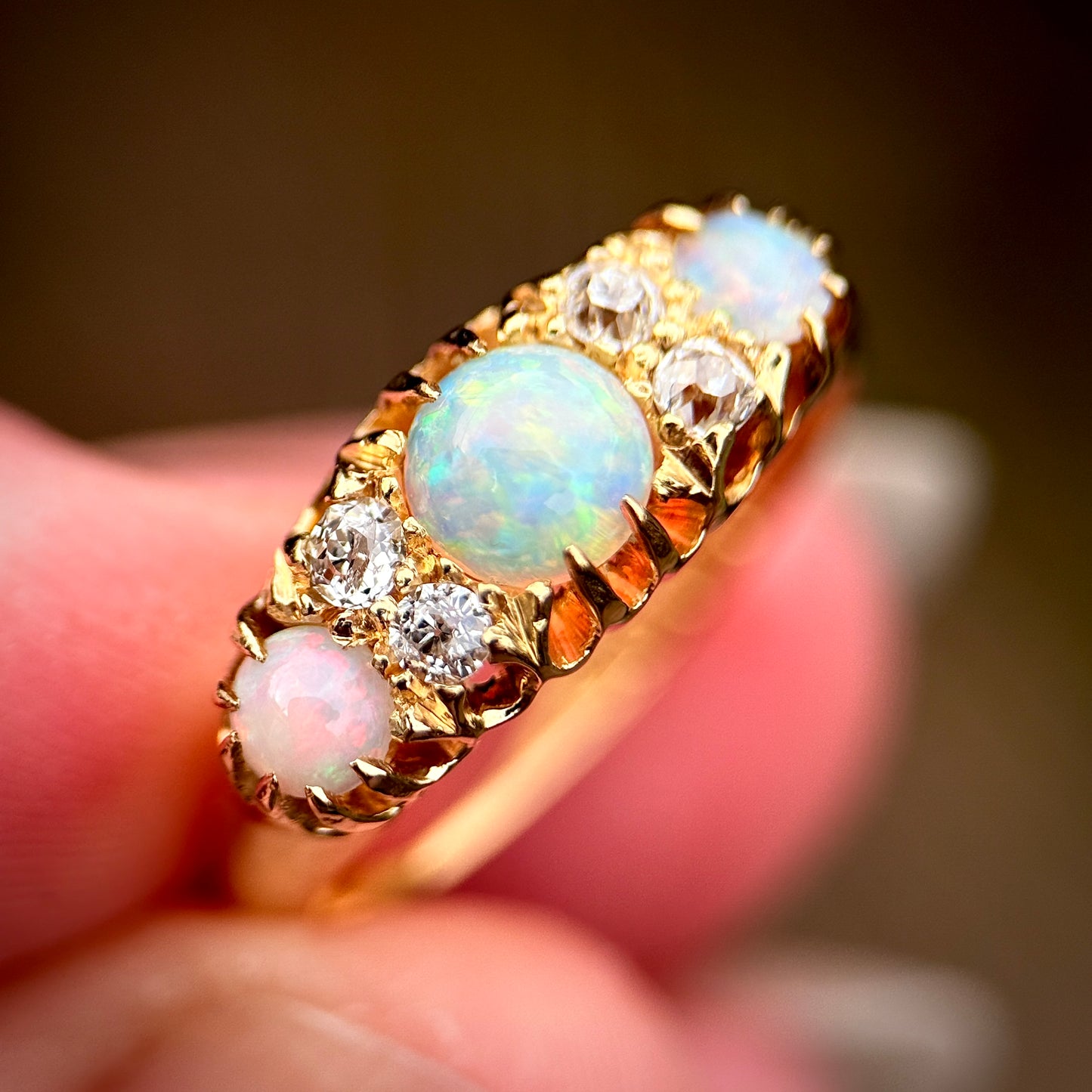 DEPOSIT PAYMENT 1 *** 18CT Gold Antique Fully Hallmarked Fiery Crystal Opal & Old Cut Diamond Ring
