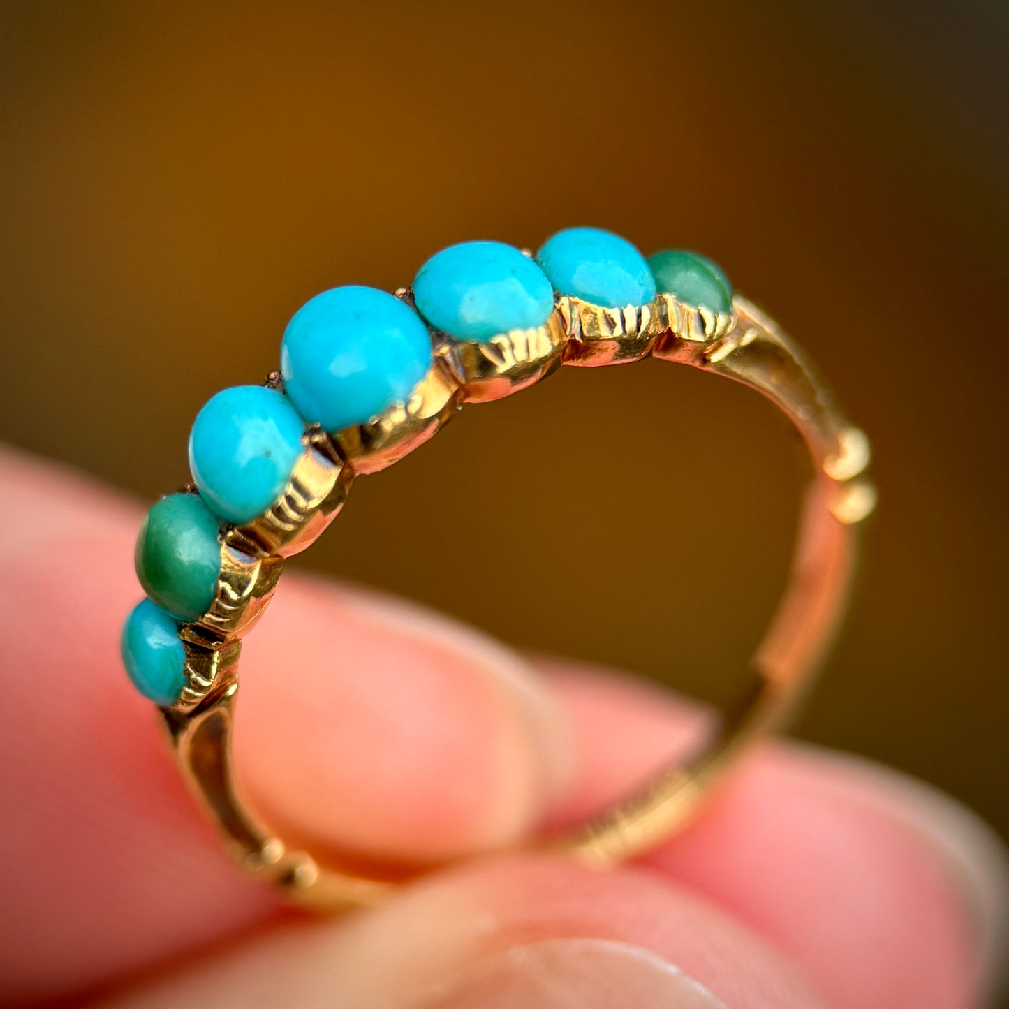 18CT Gold Antique Georgian Turquoise Seven Stone Half Hoop Ring Size K 1/2