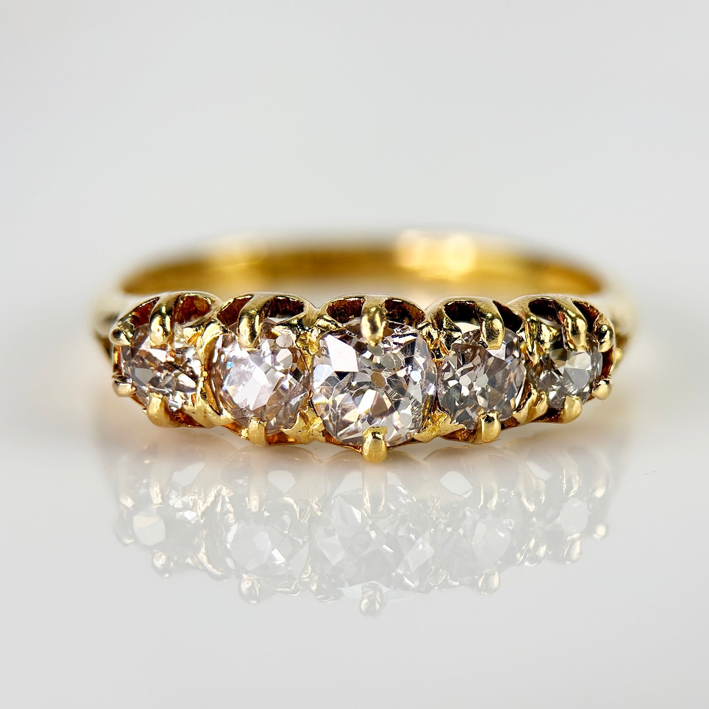 18ct Gold Antique 1.15ct Old Cut Diamond Five Stone Half Hoop Ring Size O