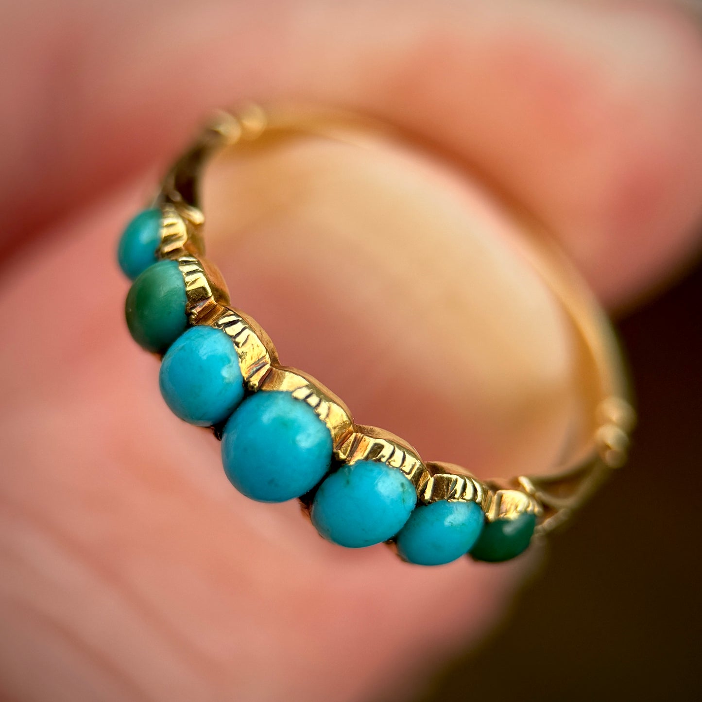18CT Gold Antique Georgian Turquoise Seven Stone Half Hoop Ring Size K 1/2