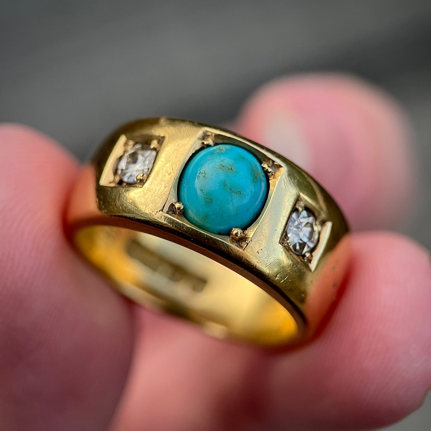 18CT Gold Antique Victorian Turquoise Old Cut Diamond 3 Stone Gypsy Ring 15.8g