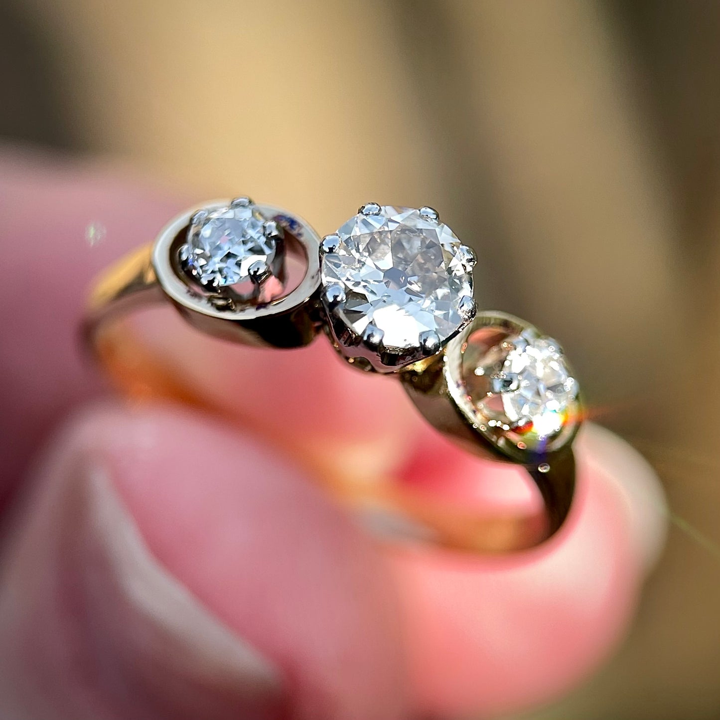 18ct Gold 0.88ct Old Cut Diamond Three Stone Trilogy Ring
