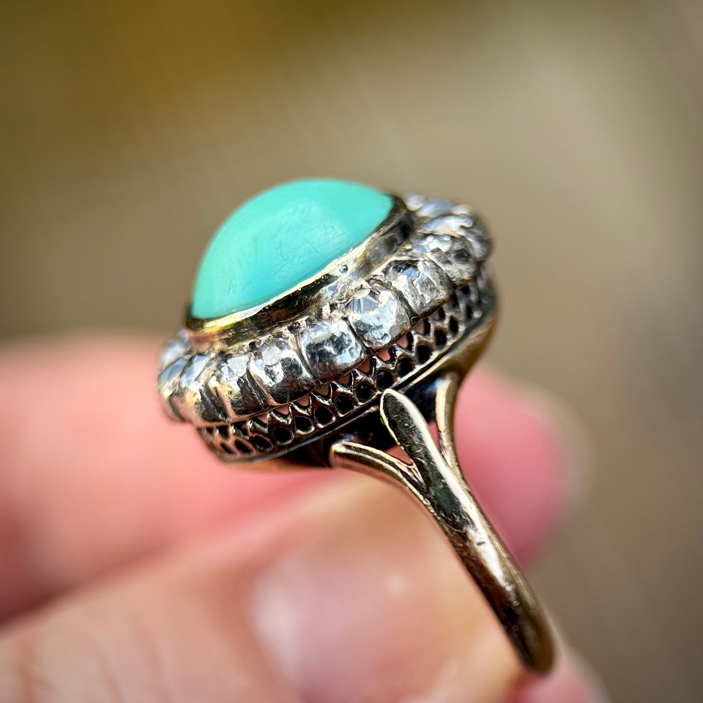 18ct Gold Antique Turquoise & 0.92ct Old Mine Cut Diamond Cluster Cocktail Ring