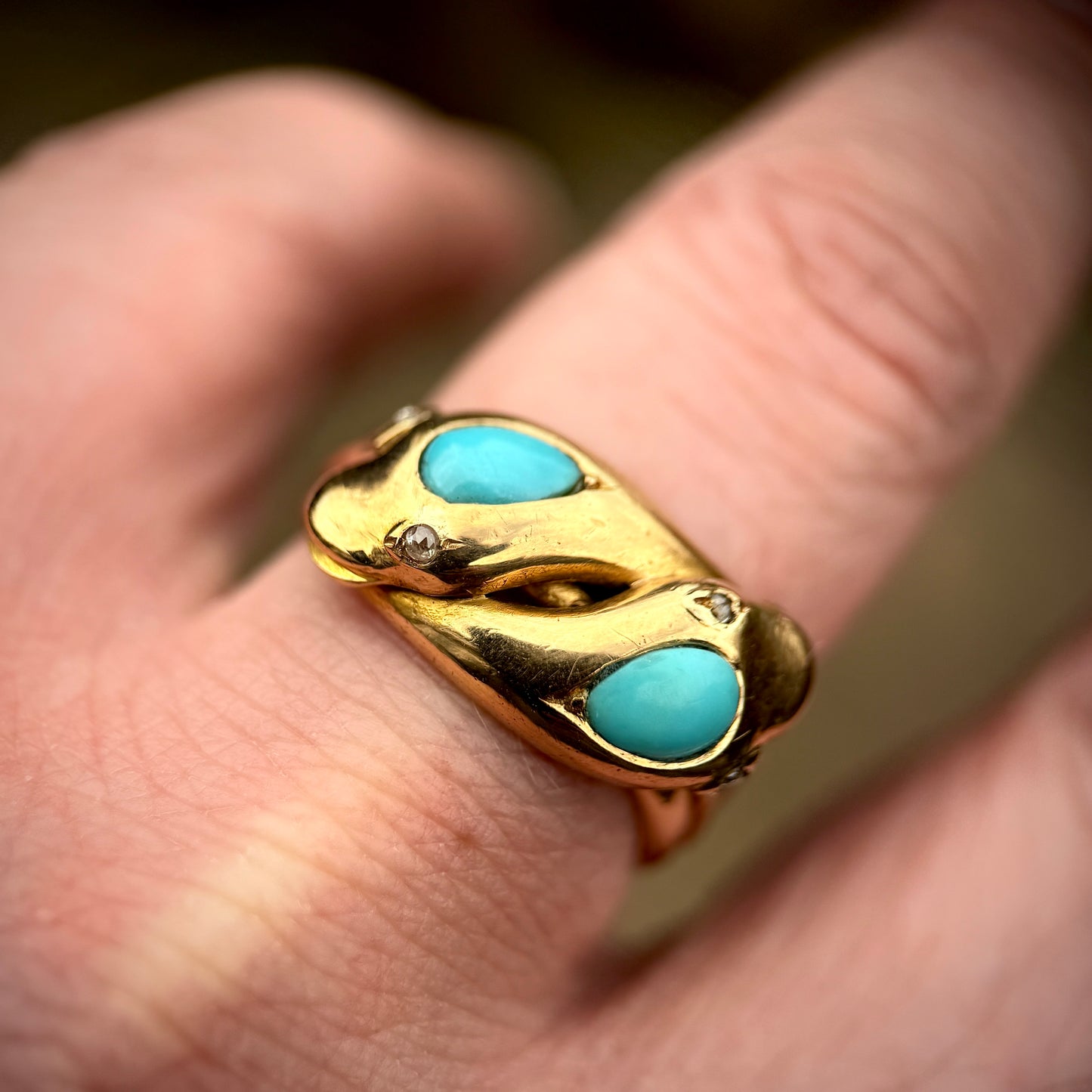 18CT Gold Antique Victorian (1878) Turquoise Diamond Snake Ring 11.6 grams