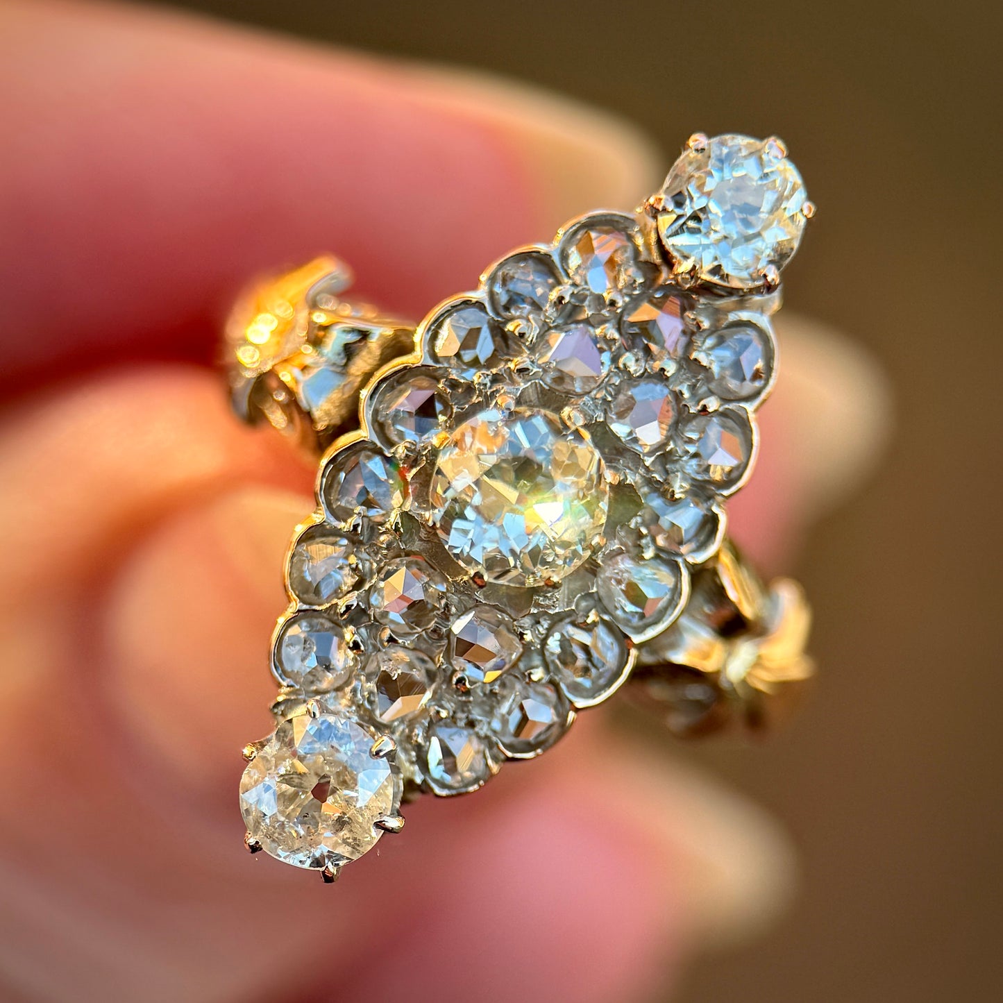 18ct Gold Antique Victorian 2.00ct Old Cut & Rose Cut Diamond Navette Ring