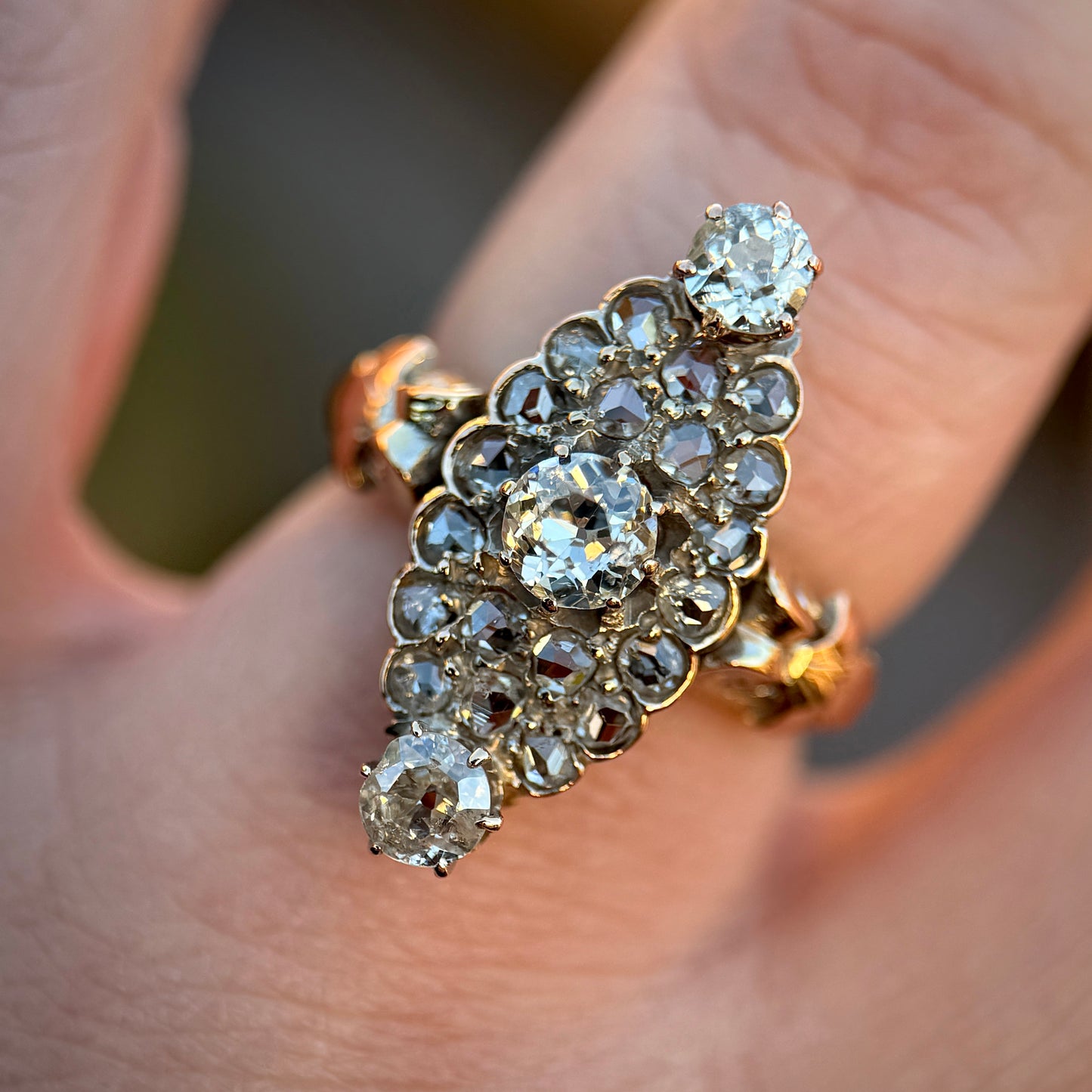 18ct Gold Antique Victorian 2.00ct Old Cut & Rose Cut Diamond Navette Ring