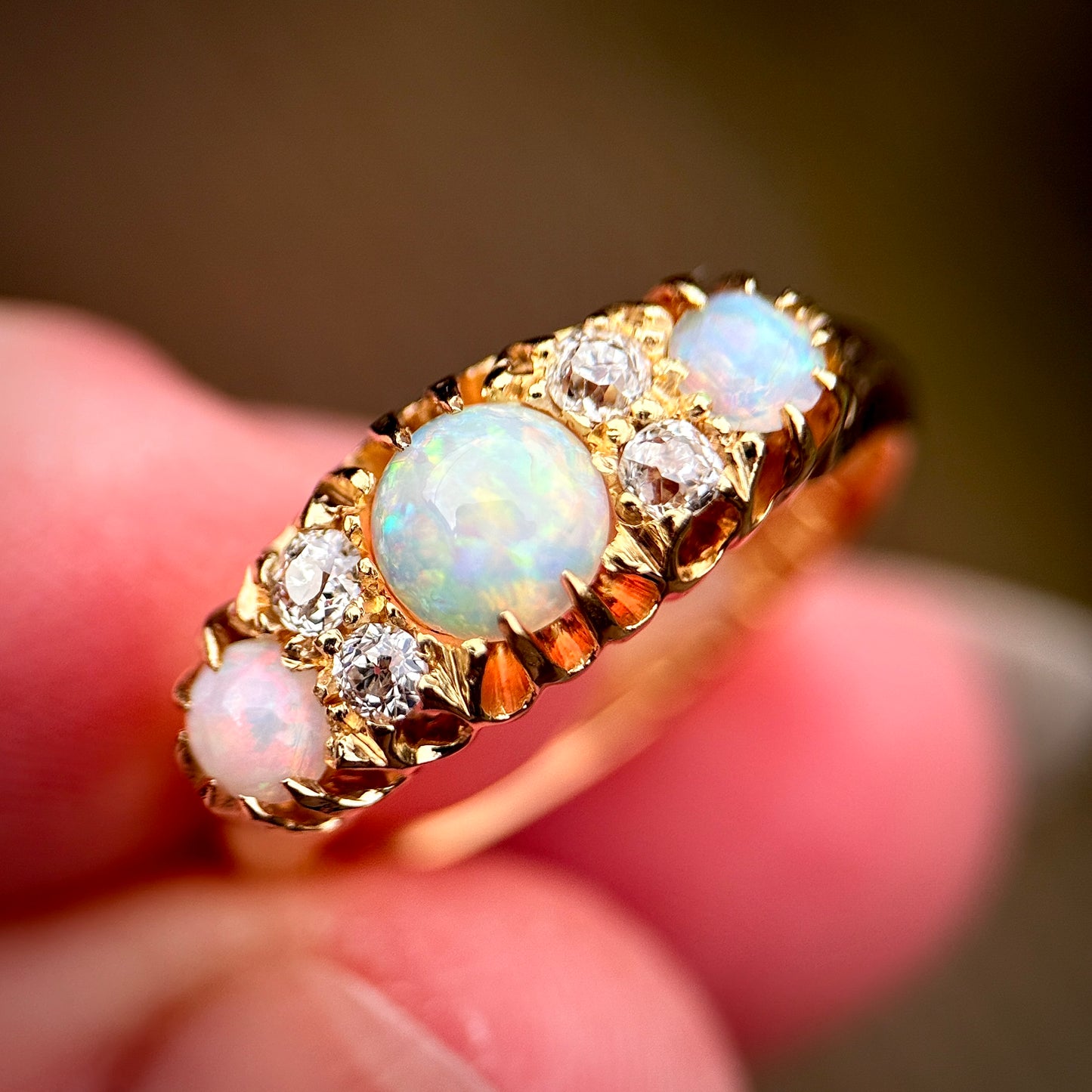 DEPOSIT PAYMENT 1 *** 18CT Gold Antique Fully Hallmarked Fiery Crystal Opal & Old Cut Diamond Ring