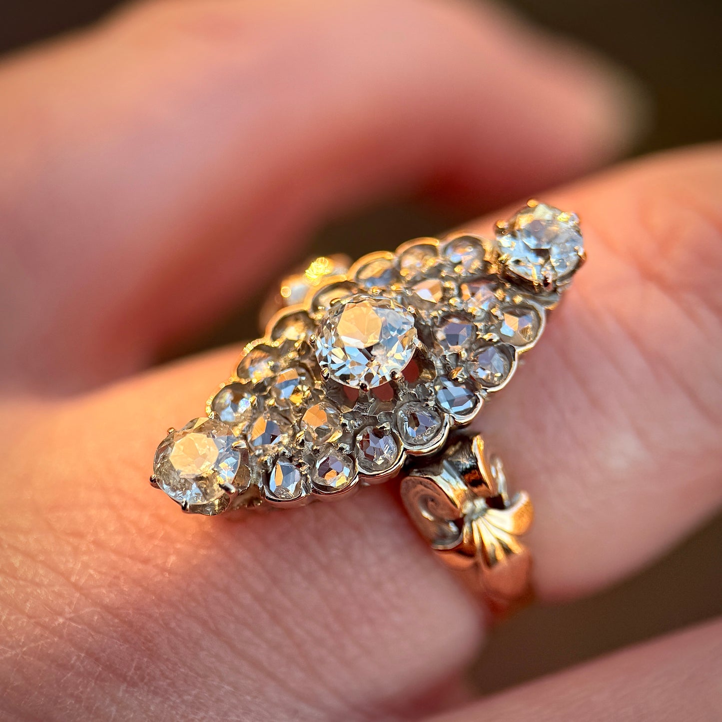 18ct Gold Antique Victorian 2.00ct Old Cut & Rose Cut Diamond Navette Ring