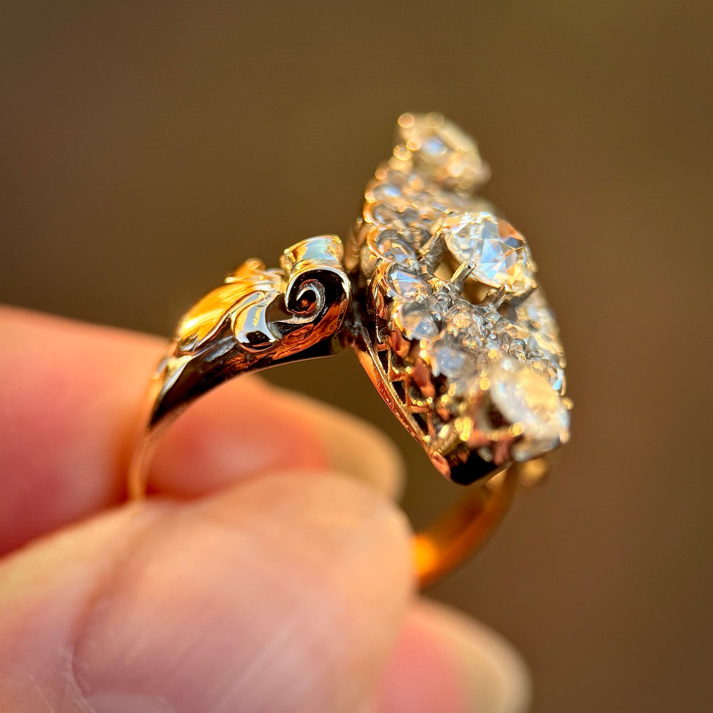 18ct Gold Antique Victorian 2.00ct Old Cut & Rose Cut Diamond Navette Ring