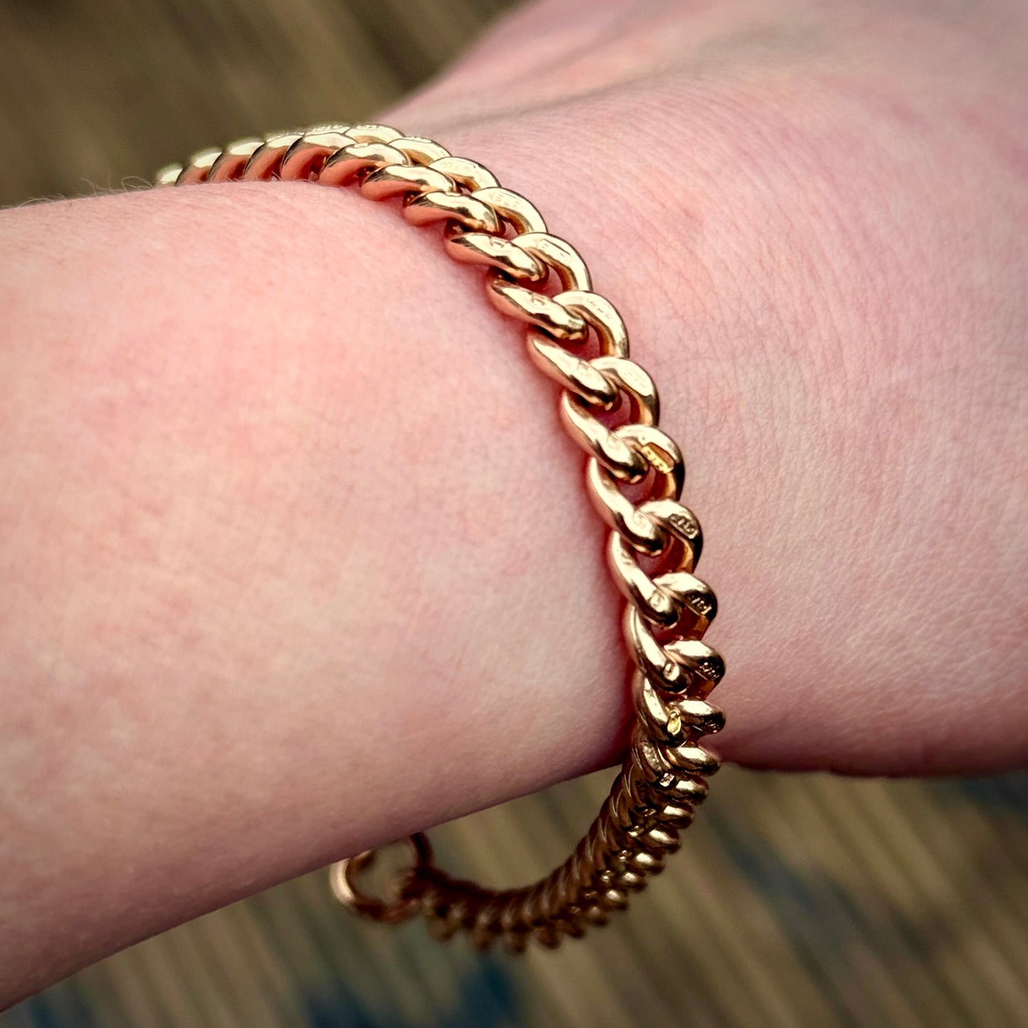 Antique 9CT Solid Rose Gold Curb Chain Bracelet 7 3/4 Inches Dog Clip 19.3 grams
