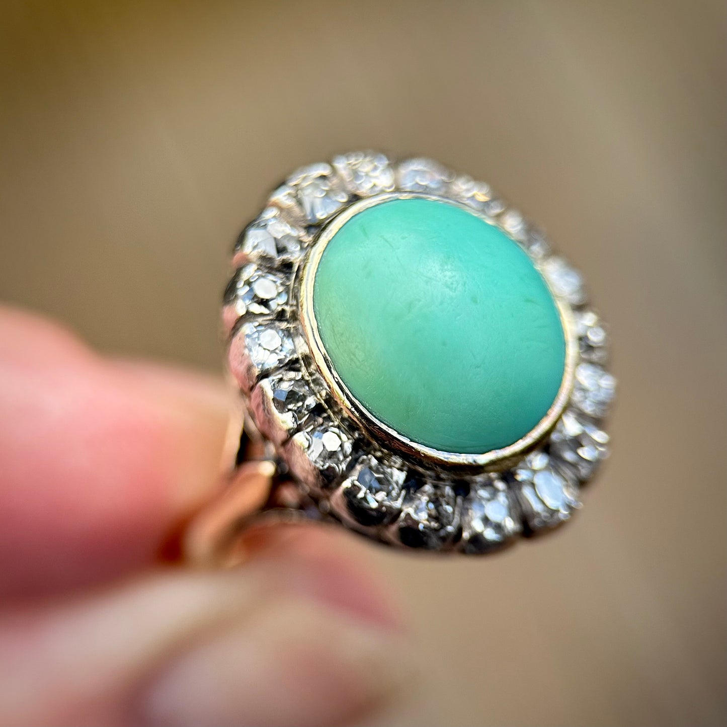 18ct Gold Antique Turquoise & 0.92ct Old Mine Cut Diamond Cluster Cocktail Ring