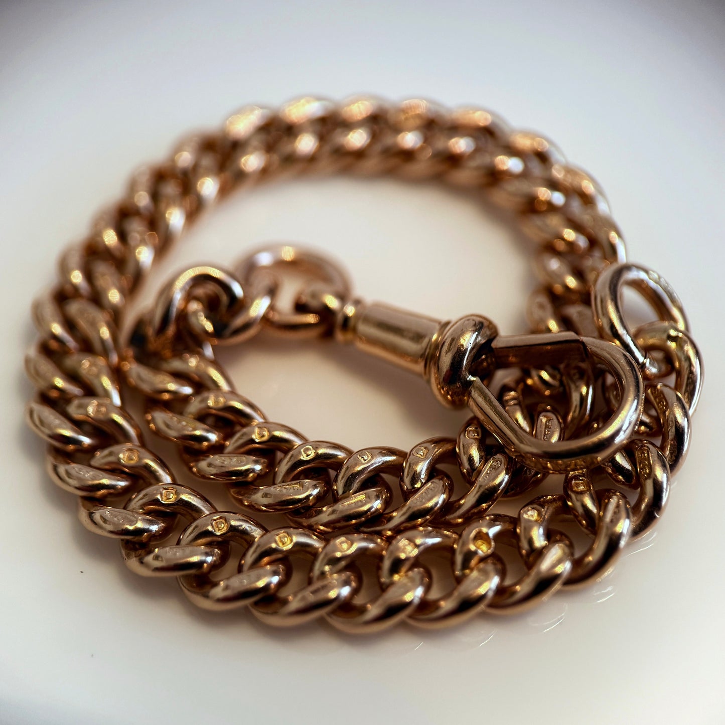 Antique 9CT Solid Rose Gold Curb Chain Bracelet 7 3/4 Inches Dog Clip 19.3 grams