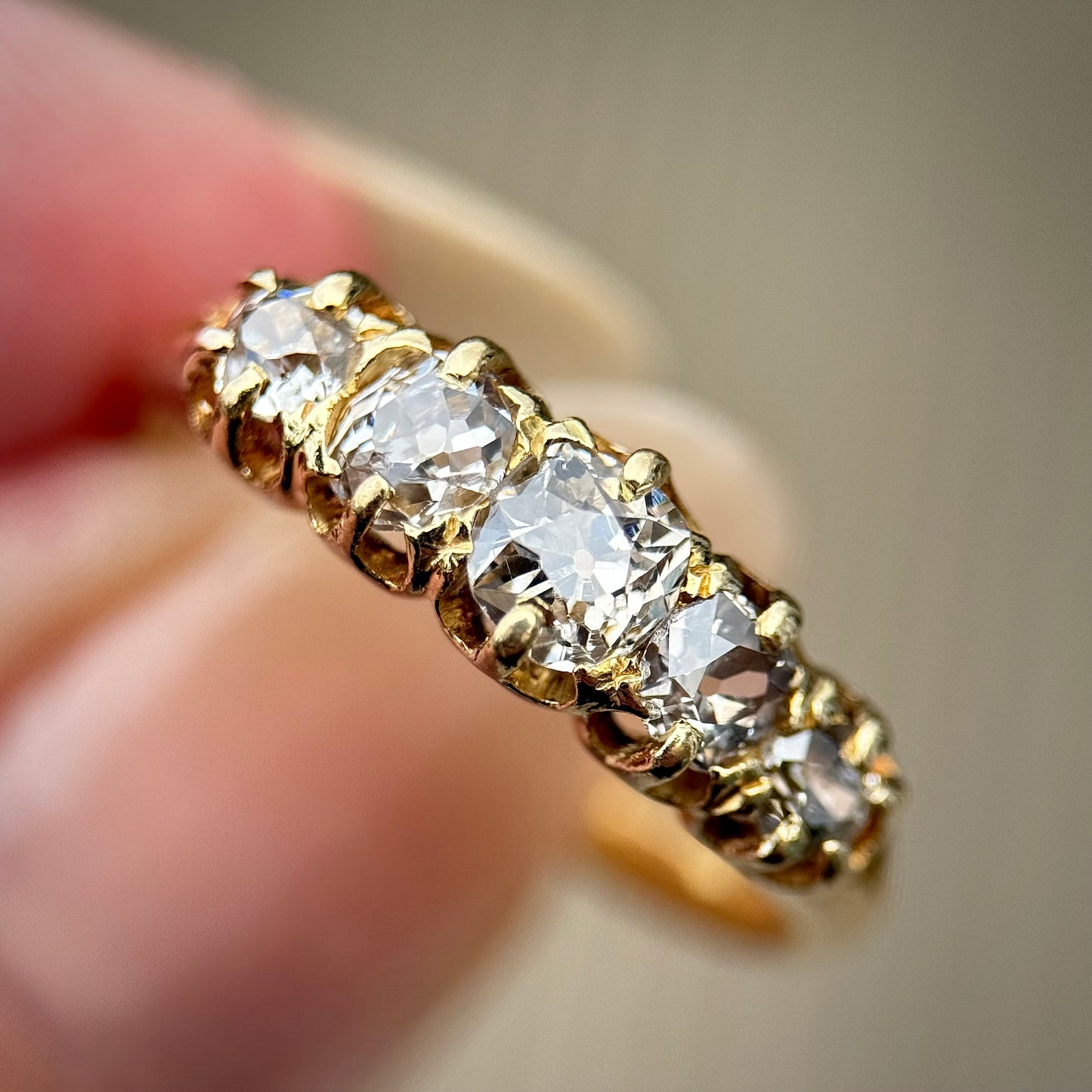 18ct Gold Antique 1.15ct Old Cut Diamond Five Stone Half Hoop Ring Size O