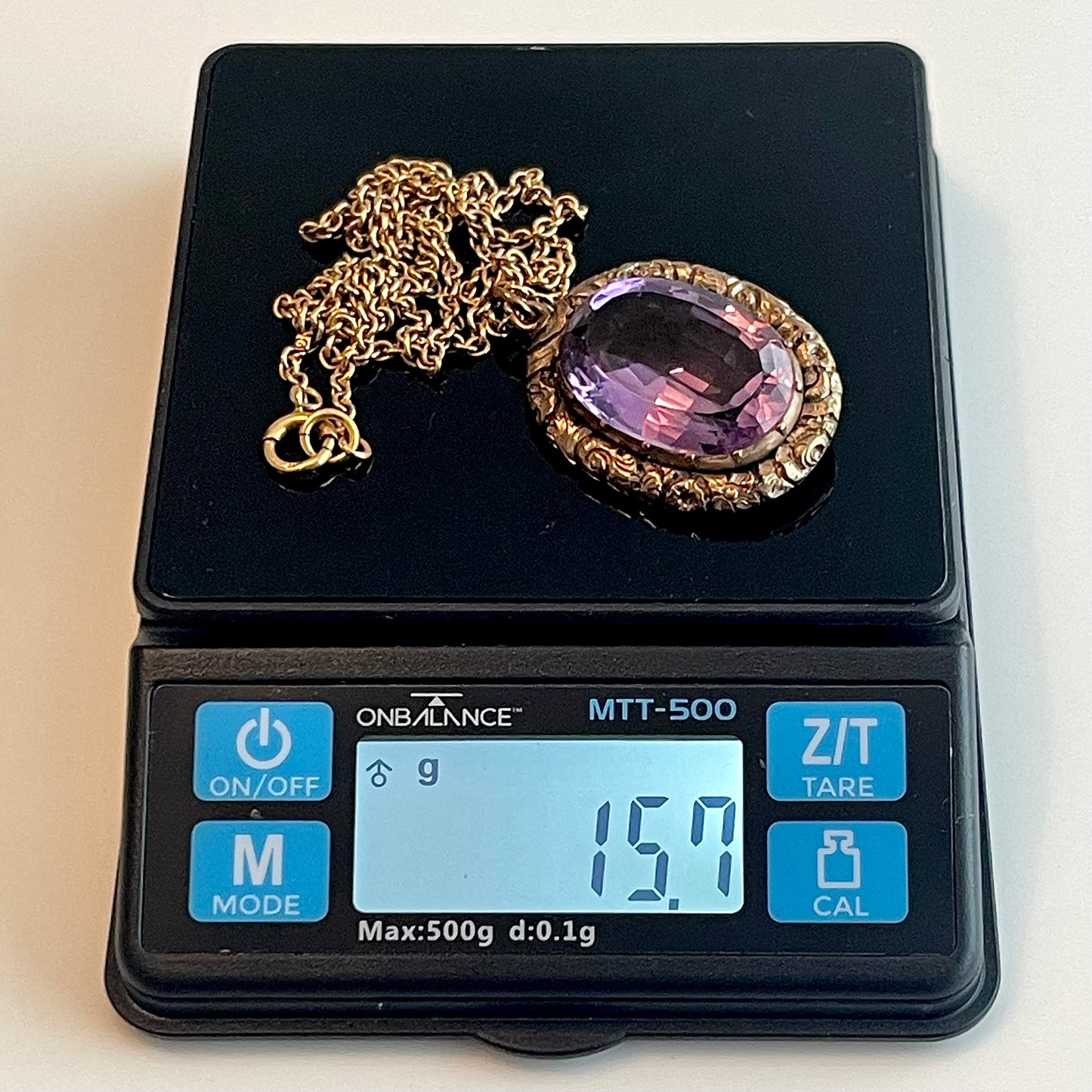 Antique Georgian / Early Victorian Chased Gold Amethyst Pendant 9CT Gold Chain