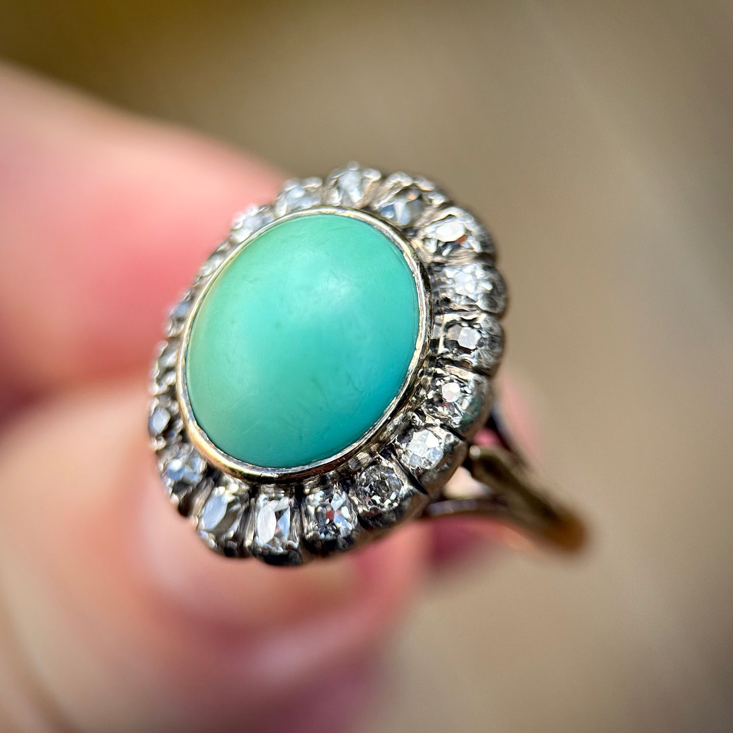 18ct Gold Antique Turquoise & 0.92ct Old Mine Cut Diamond Cluster Cocktail Ring