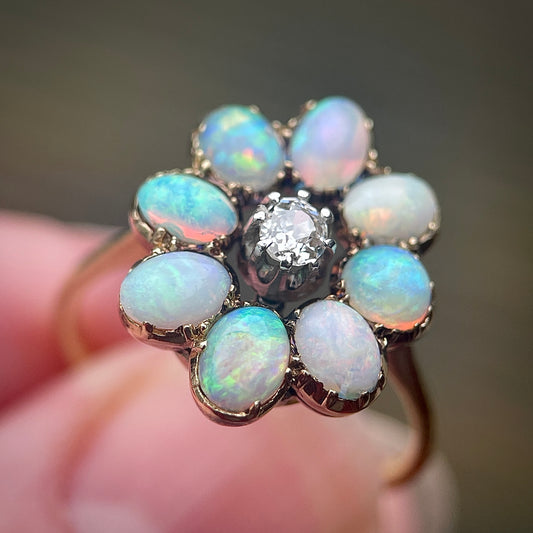 18CT Gold Antique Opal & Old cut diamond Flower Cluster Daisy Ring Size N 1/2