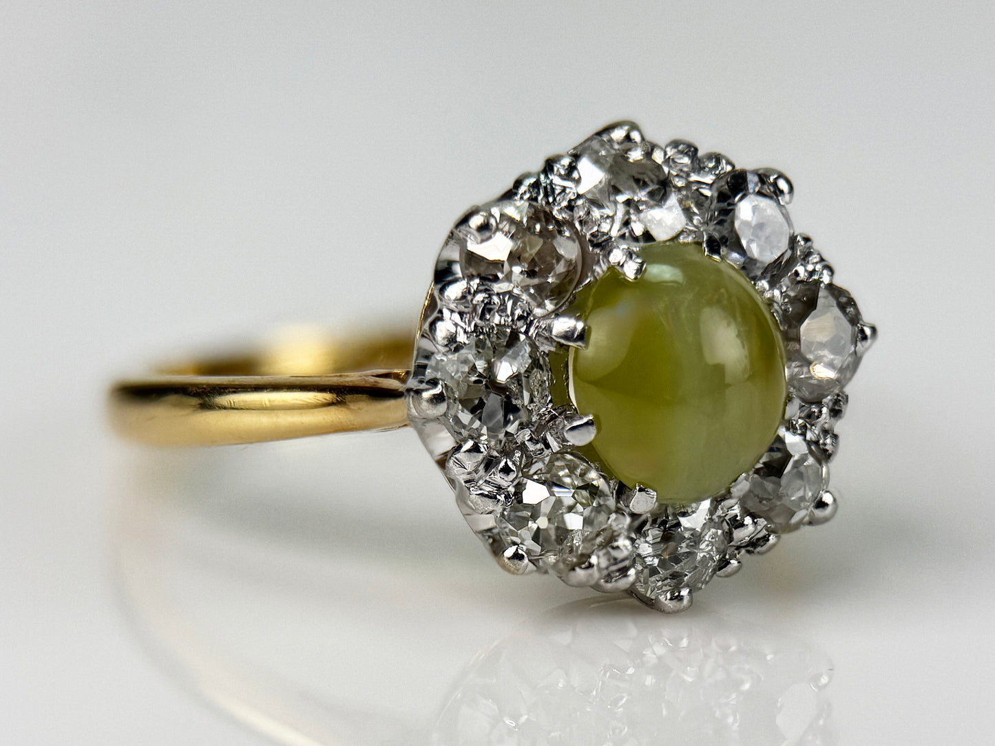 18CT Gold Antique Edwardian Cats Eye Chrysoberyl & Old Cut Diamond Cluster Ring