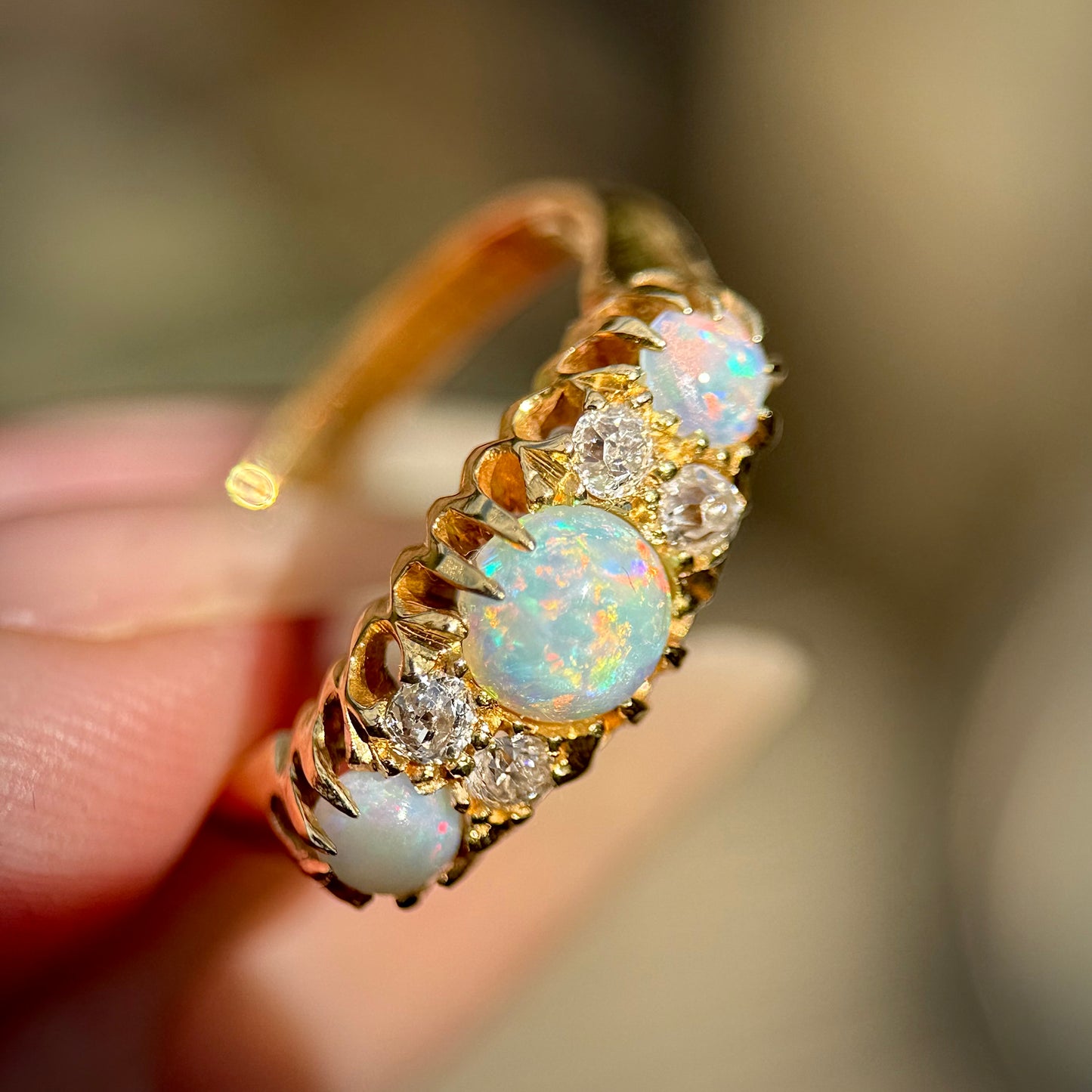 DEPOSIT PAYMENT 1 *** 18CT Gold Antique Fully Hallmarked Fiery Crystal Opal & Old Cut Diamond Ring