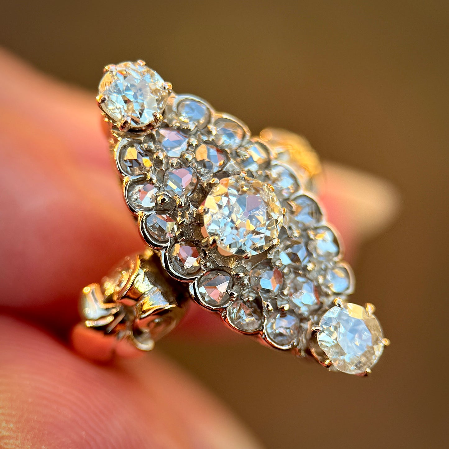 18ct Gold Antique Victorian 2.00ct Old Cut & Rose Cut Diamond Navette Ring