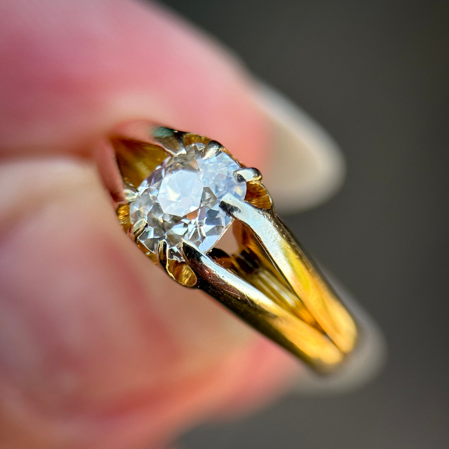 18ct Gold Antique Fully Hallmarked 0.68ct Elongated Old Cut Diamond gypsy Ring