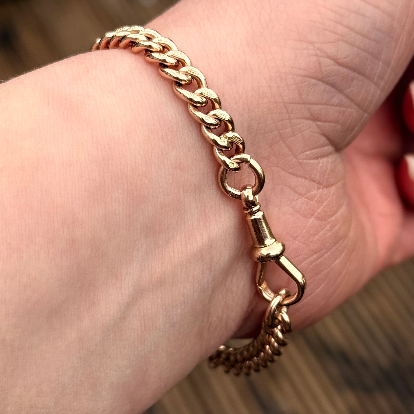 Antique 9CT Solid Rose Gold Curb Chain Bracelet 7 3/4 Inches Dog Clip 19.3 grams