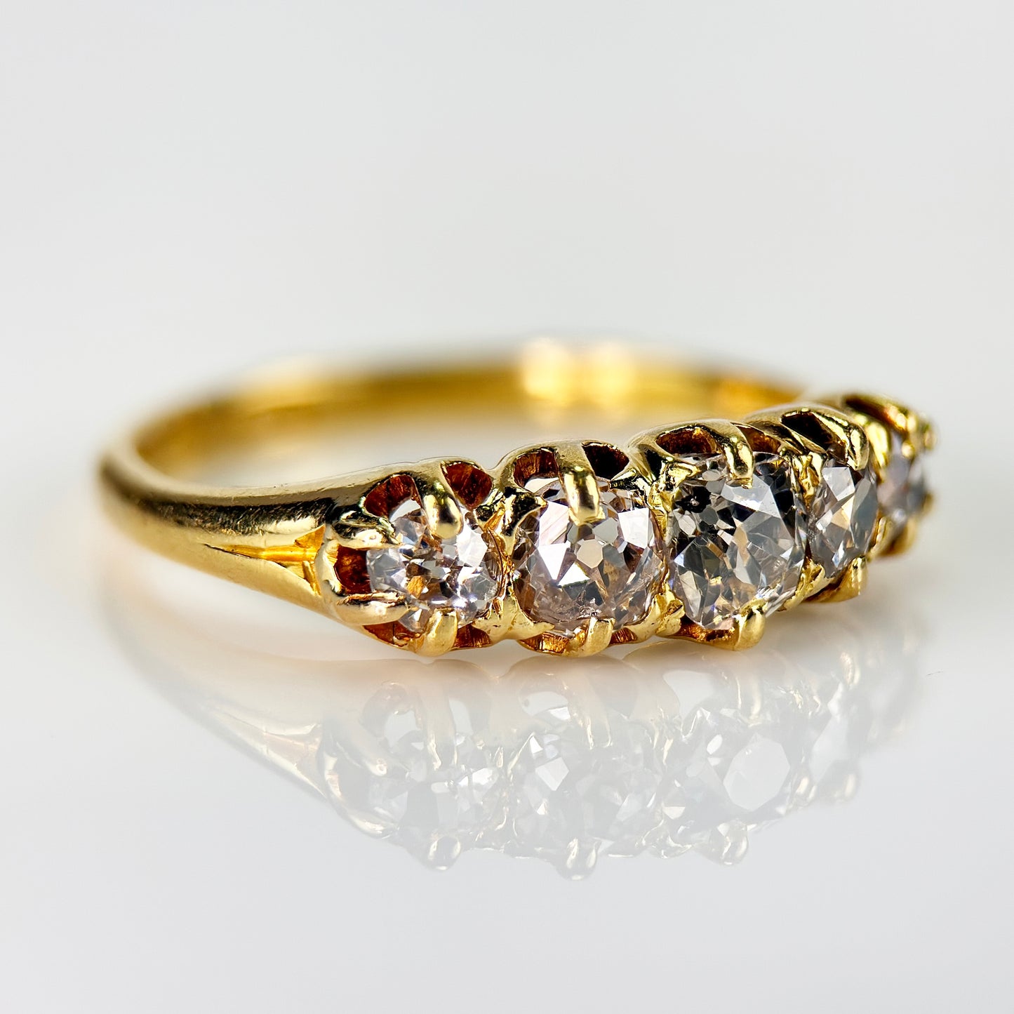 18ct Gold Antique 1.15ct Old Cut Diamond Five Stone Half Hoop Ring Size O