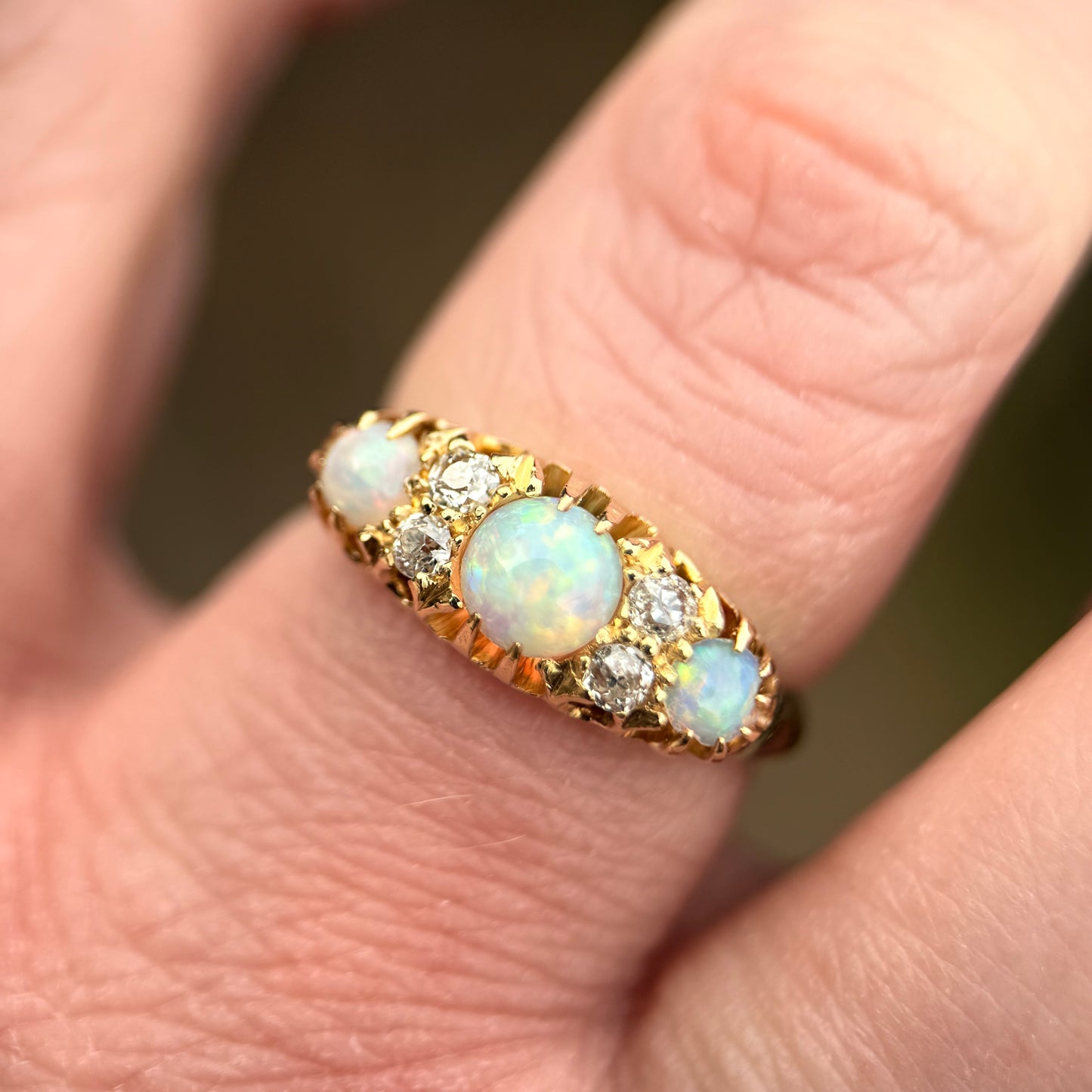 DEPOSIT PAYMENT 1 *** 18CT Gold Antique Fully Hallmarked Fiery Crystal Opal & Old Cut Diamond Ring