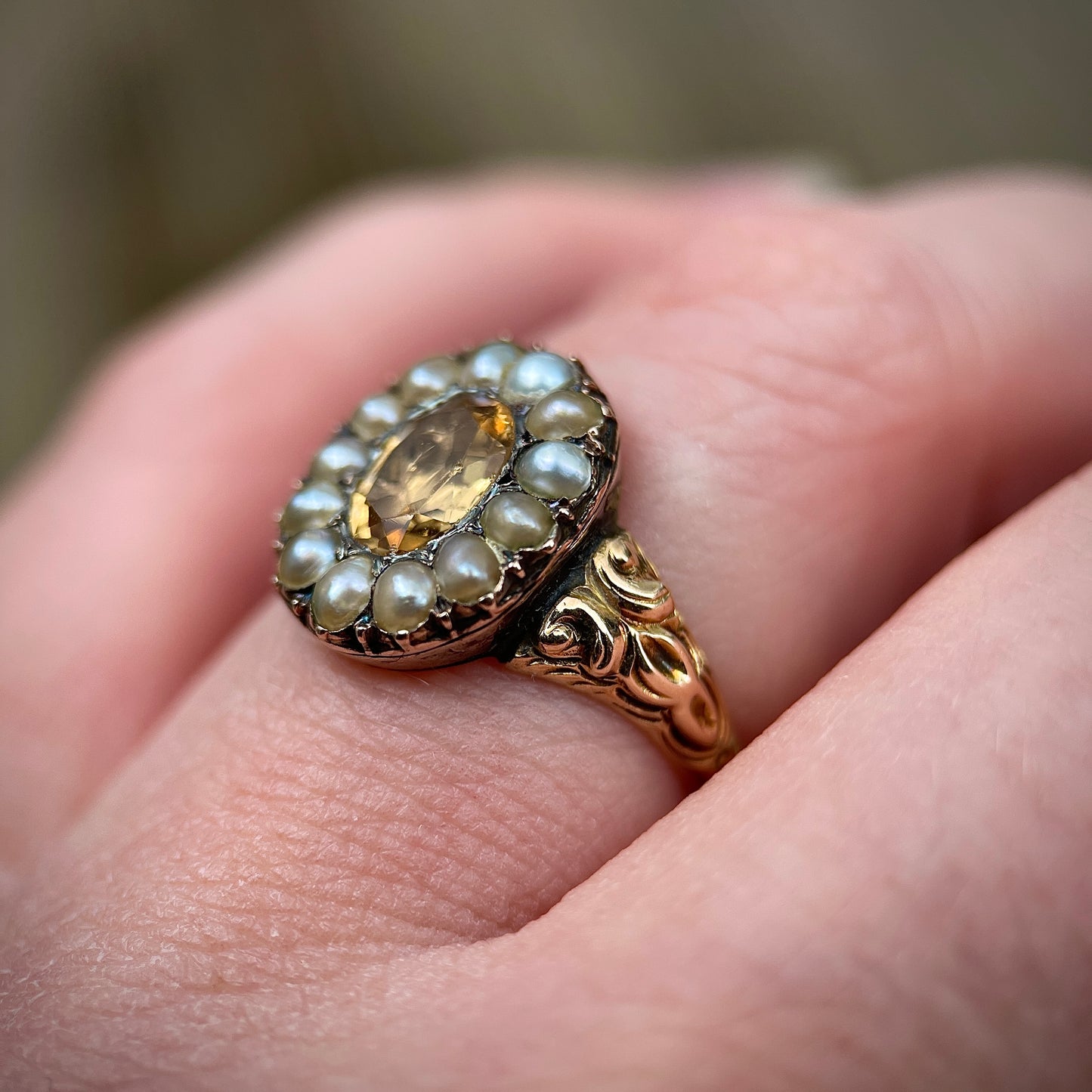 Antique Georgian Chased 15ct Gold Imperial Golden Topaz and Seed Pearl Ring
