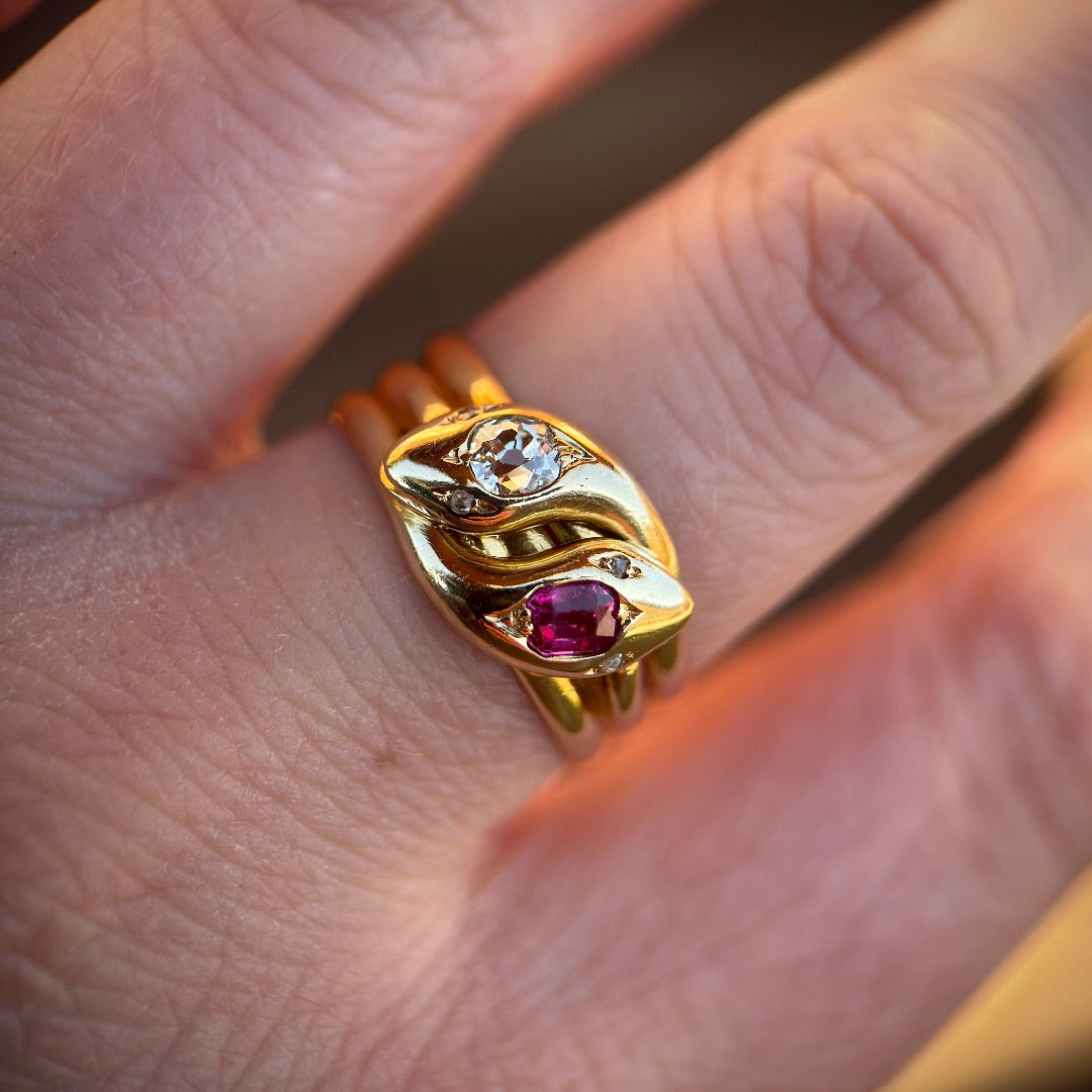 *Reserved on Layaway payment 2* 18ct gold antique old cut diamond & ruby double headed snake ring