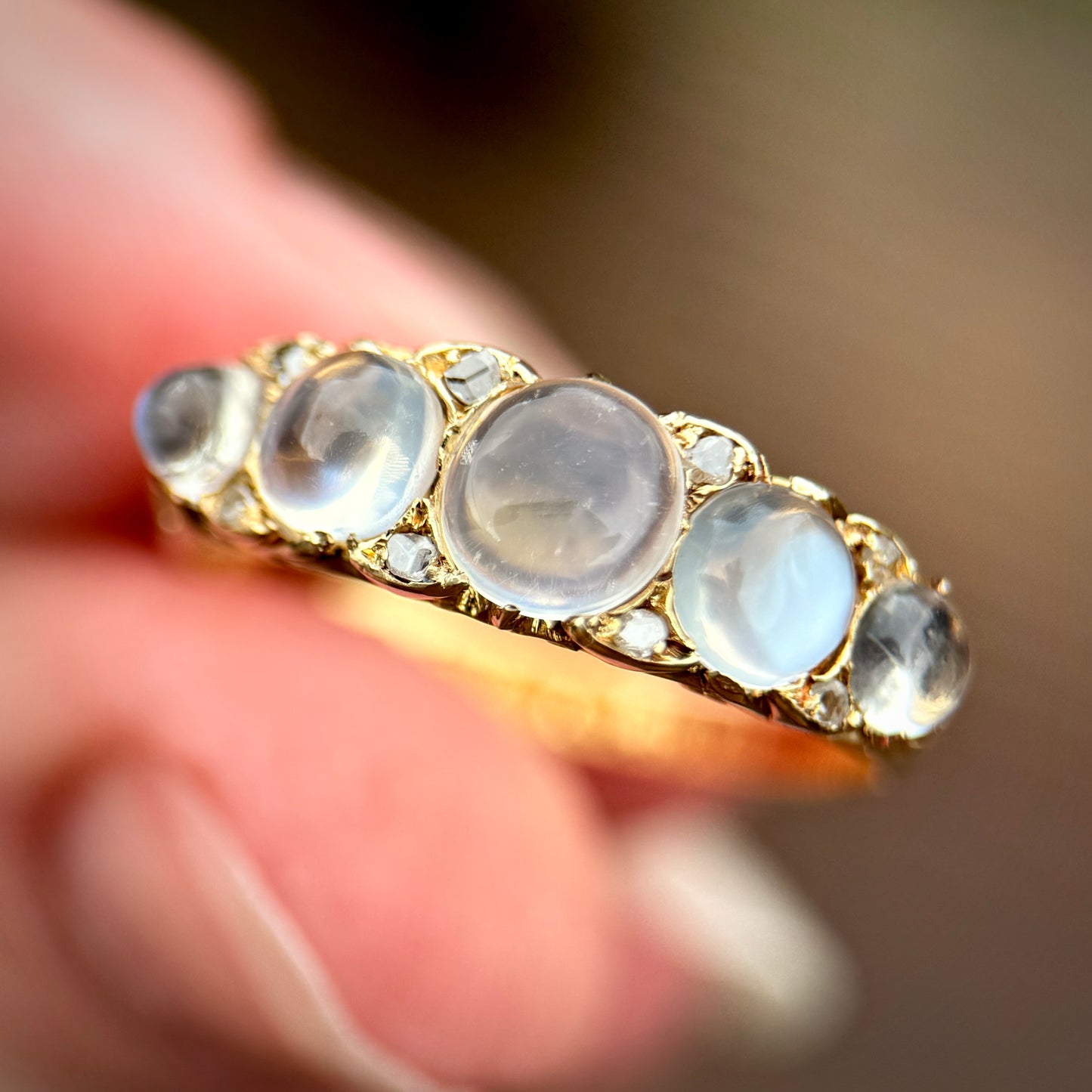 *RESERVED* + resize to a P 18ct Gold Antique Fully Hallmarked Moonstone & Old Cut Diamond Half Hoop Ring