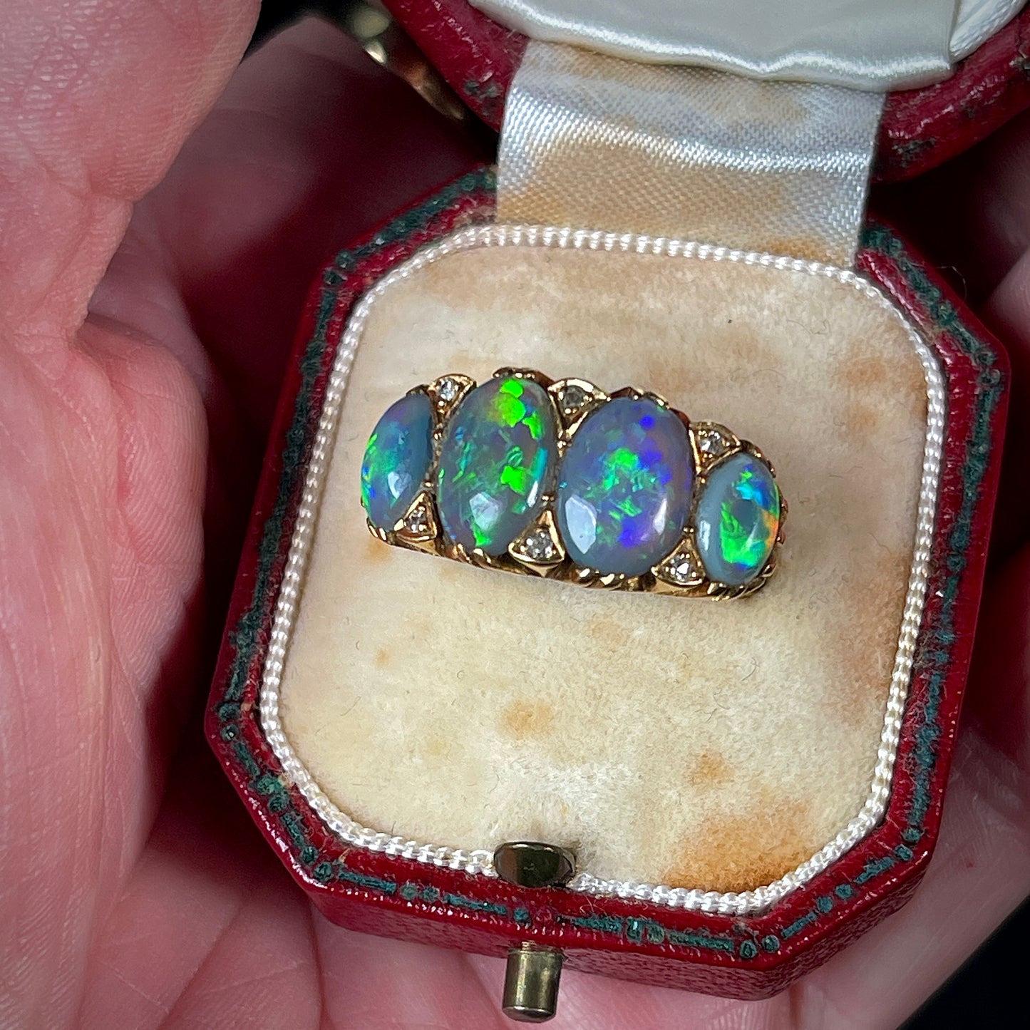 18CT Gold Large Antique Victorian Black Crystal Opal & Old Cut Diamond Ring