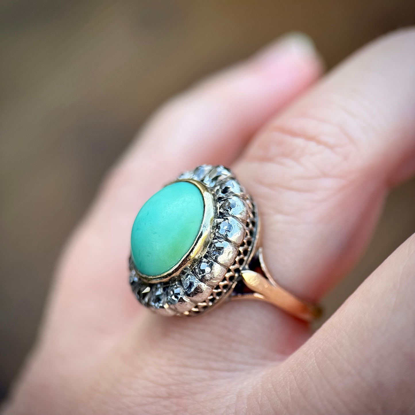 18ct Gold Antique Turquoise & 0.92ct Old Mine Cut Diamond Cluster Cocktail Ring