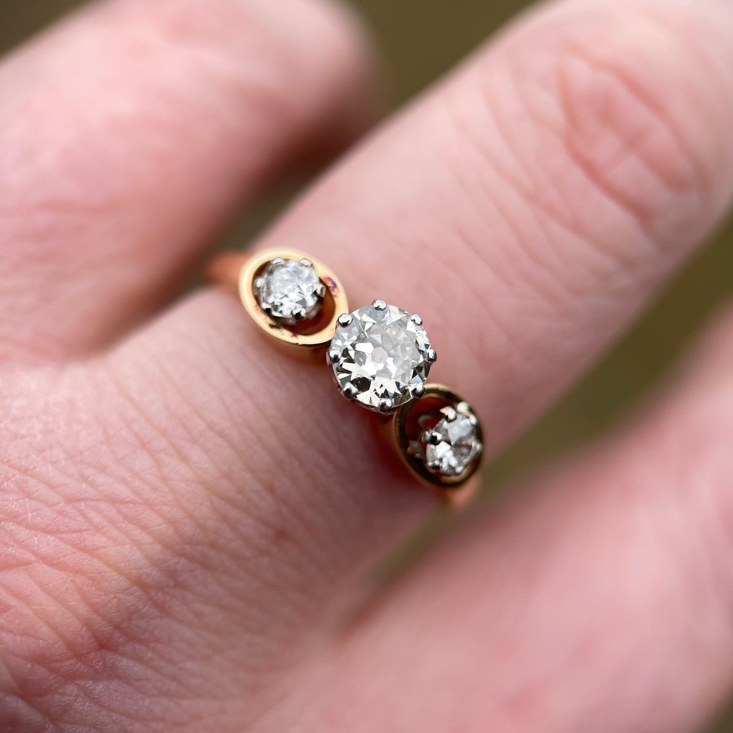 18ct Gold 0.88ct Old Cut Diamond Three Stone Trilogy Ring