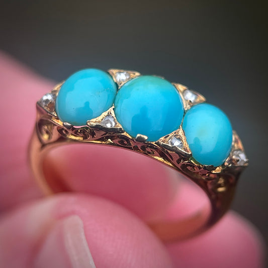 18CT Gold Antique Victorian Turquoise & Old Rose Cut Diamond Three Stone Ring