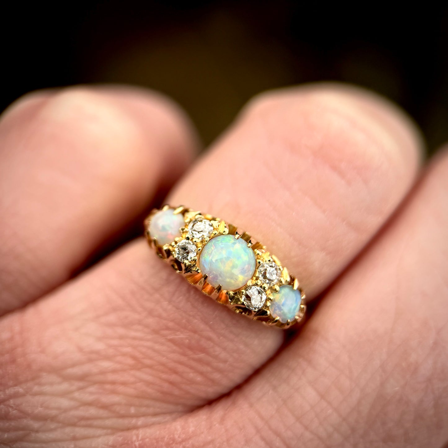DEPOSIT PAYMENT 1 *** 18CT Gold Antique Fully Hallmarked Fiery Crystal Opal & Old Cut Diamond Ring