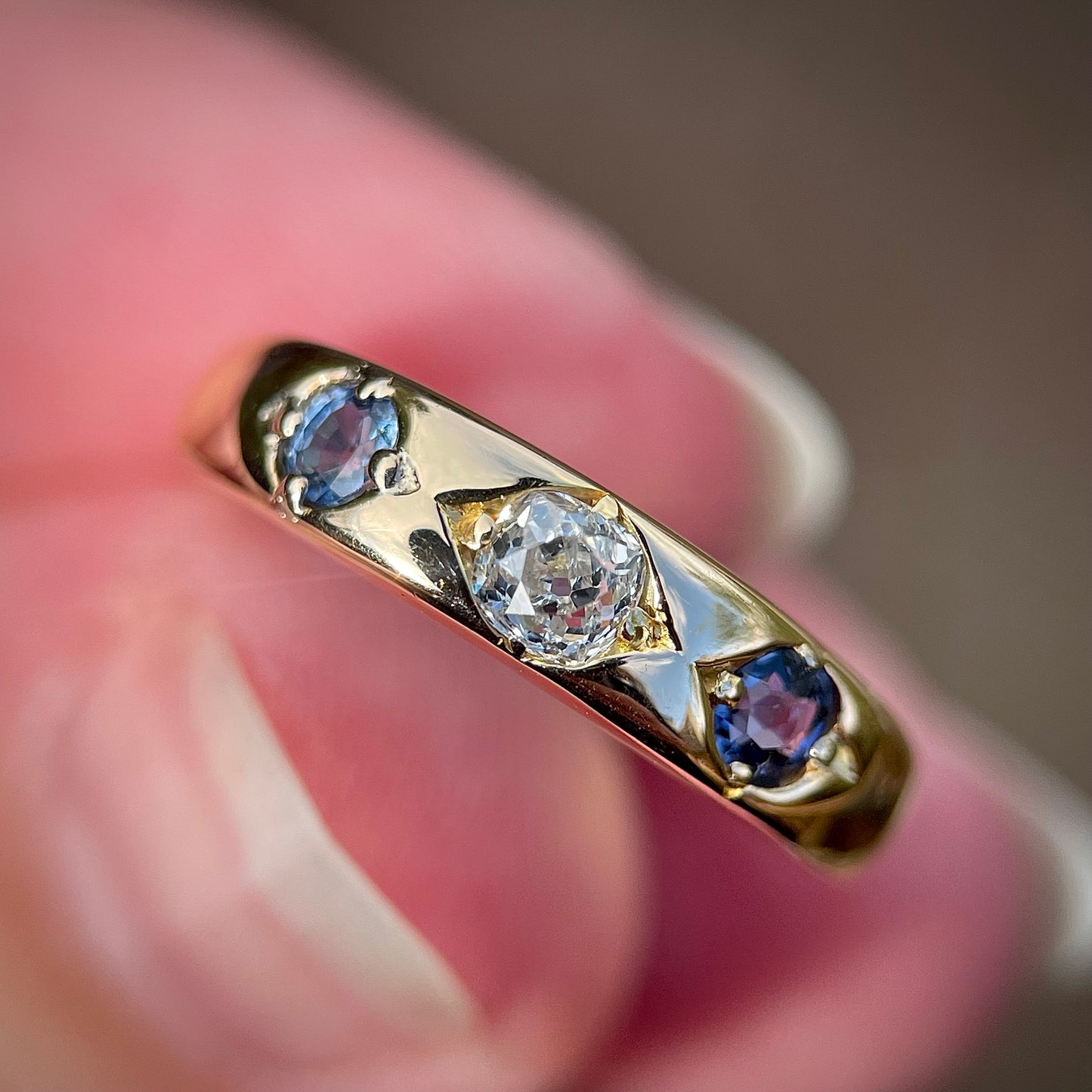 18ct Gold Antique Three Stone Old Cut Diamond & Sapphire Gypsy Ring Band