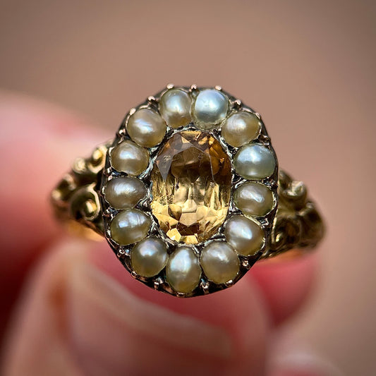 Antique Georgian Chased 15ct Gold Imperial Golden Topaz and Seed Pearl Ring