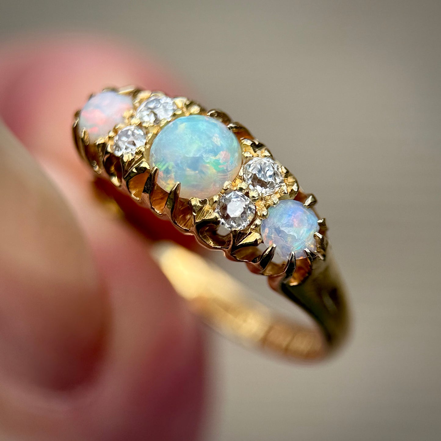 DEPOSIT PAYMENT 1 *** 18CT Gold Antique Fully Hallmarked Fiery Crystal Opal & Old Cut Diamond Ring