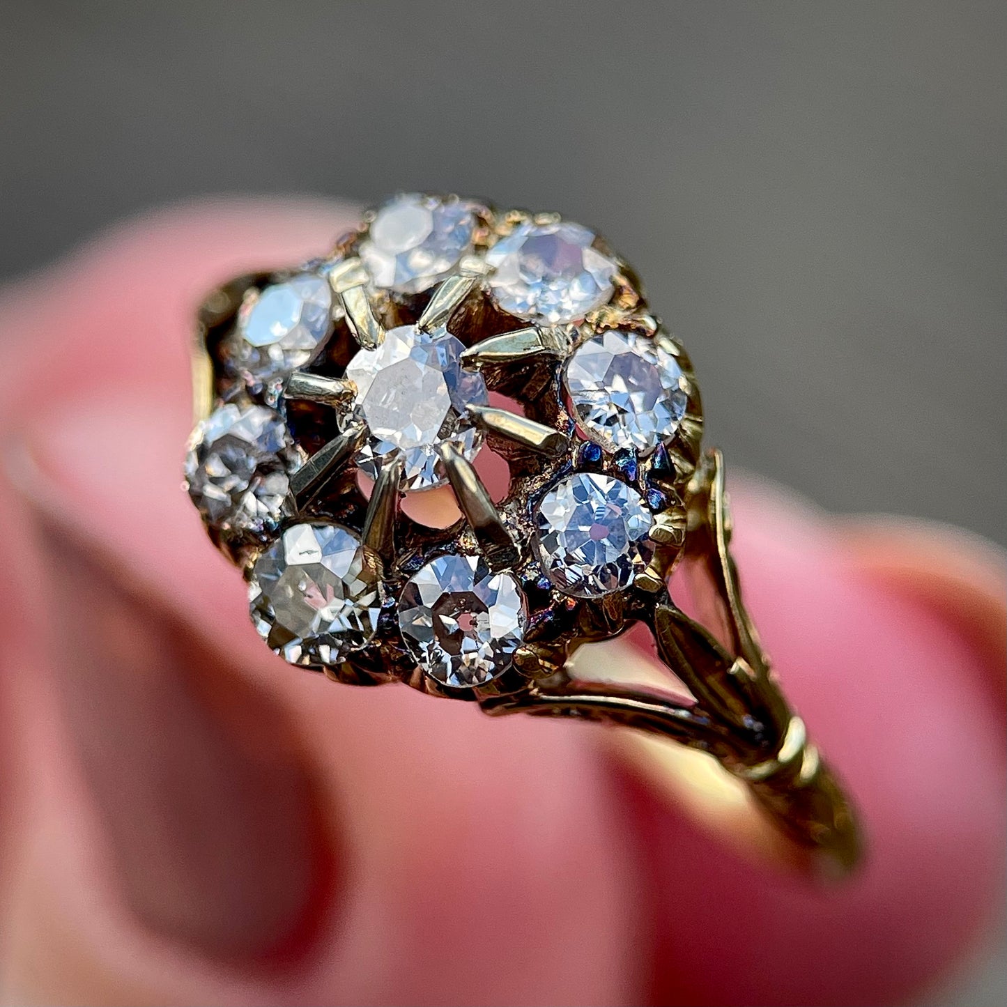 18CT Gold Antique 1.20CT Old Cut Diamond Cluster Ring Size Q