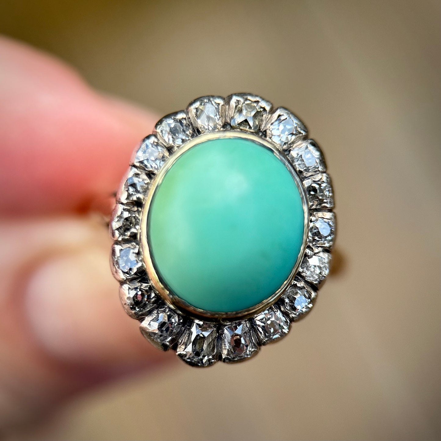 18ct Gold Antique Turquoise & 0.92ct Old Mine Cut Diamond Cluster Cocktail Ring