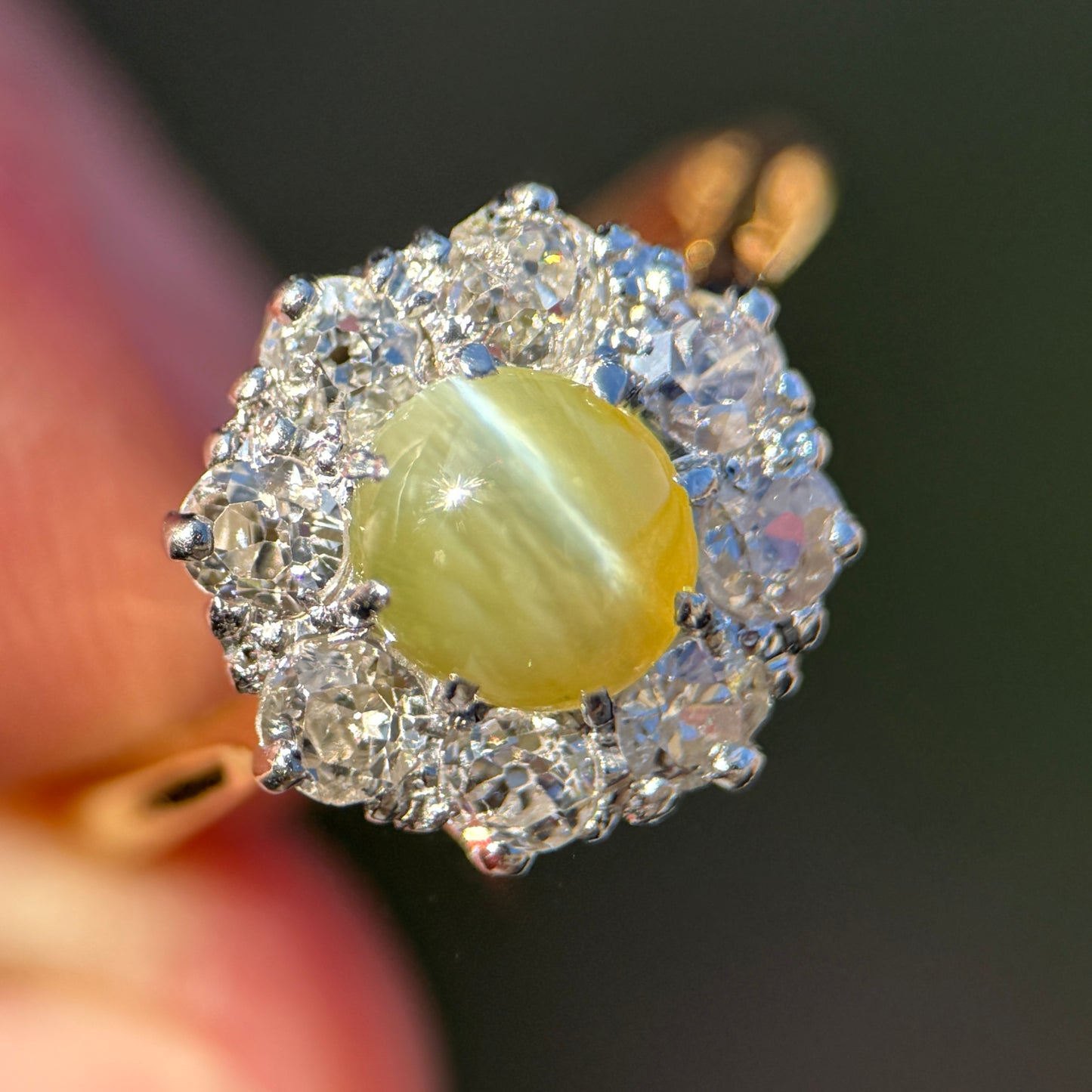 18CT Gold Antique Edwardian Cats Eye Chrysoberyl & Old Cut Diamond Cluster Ring