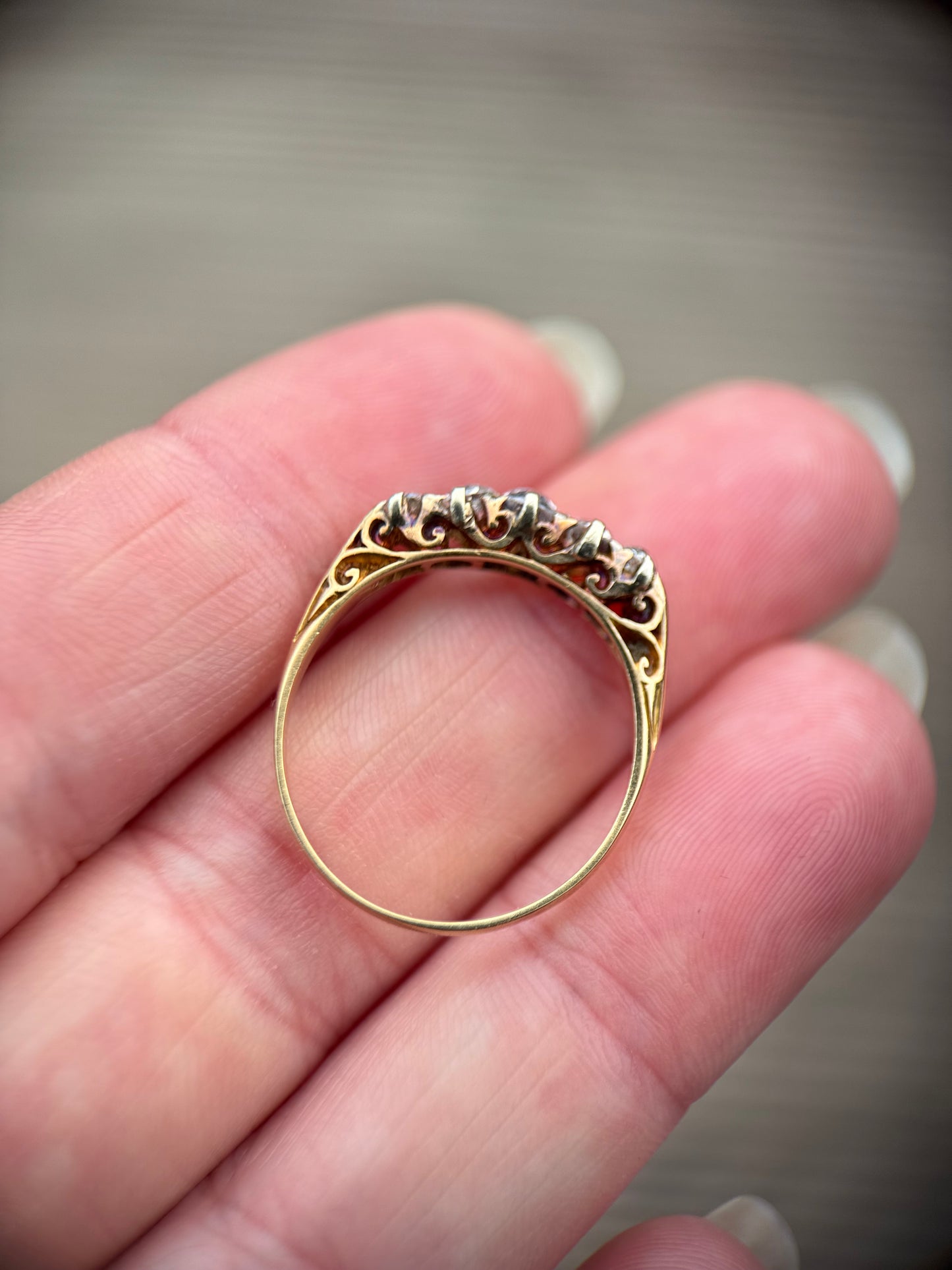 18ct Gold Antique 0.875ct Old Cut Diamond Five Stone Half Hoop Ring Size Q