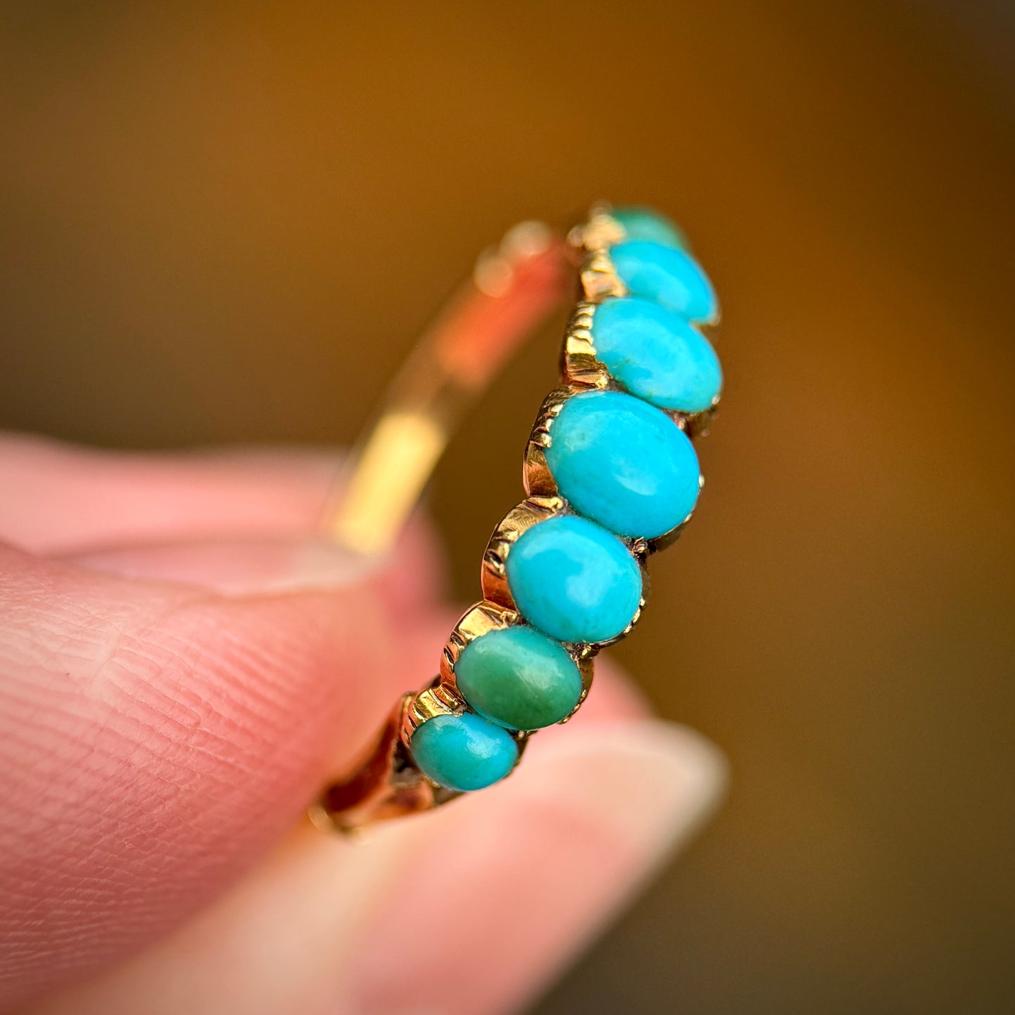 18CT Gold Antique Georgian Turquoise Seven Stone Half Hoop Ring Size K 1/2