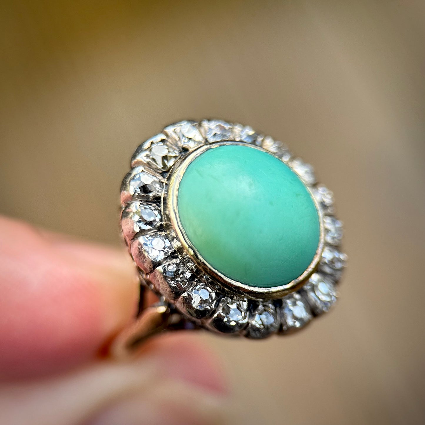 18ct Gold Antique Turquoise & 0.92ct Old Mine Cut Diamond Cluster Cocktail Ring