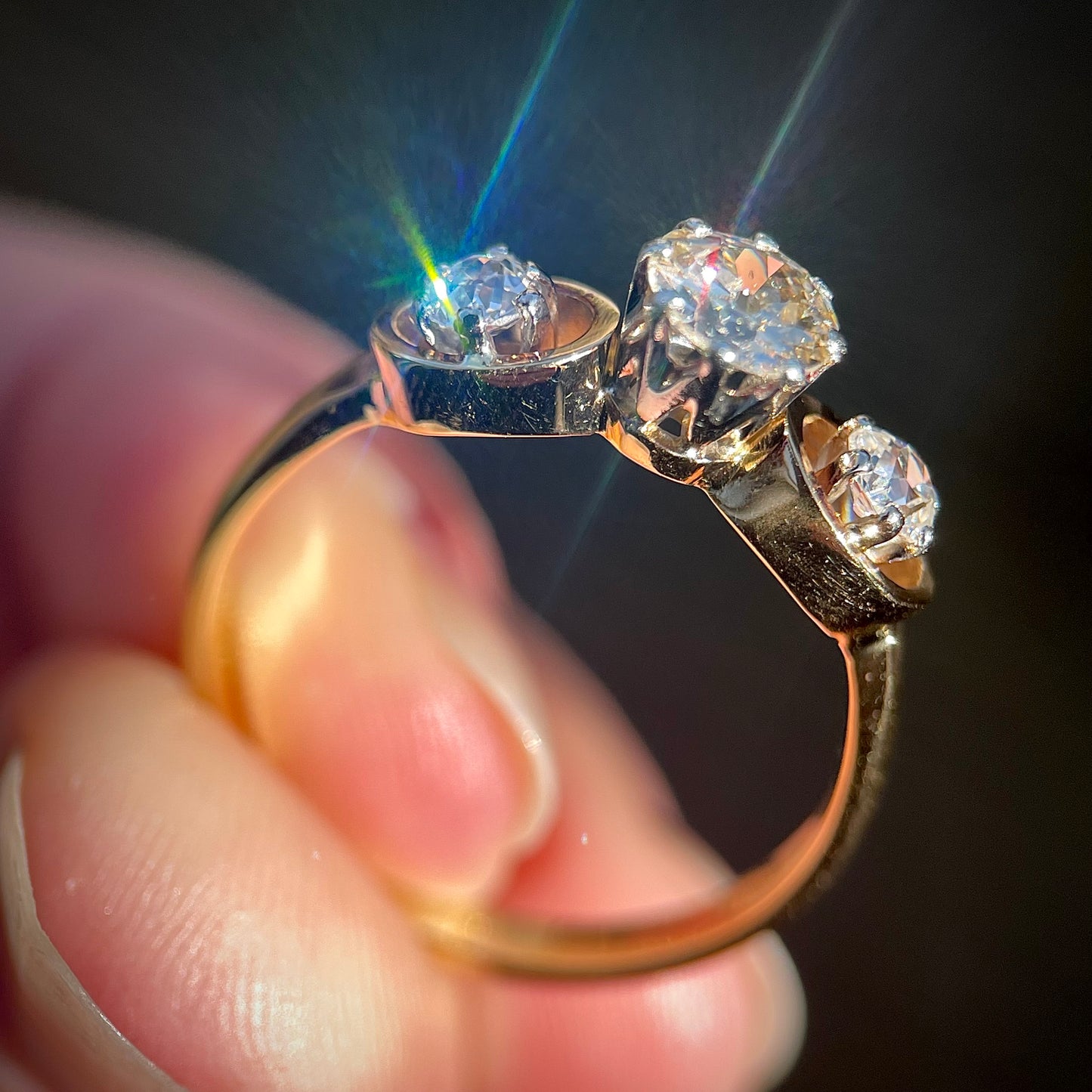 18ct Gold 0.88ct Old Cut Diamond Three Stone Trilogy Ring