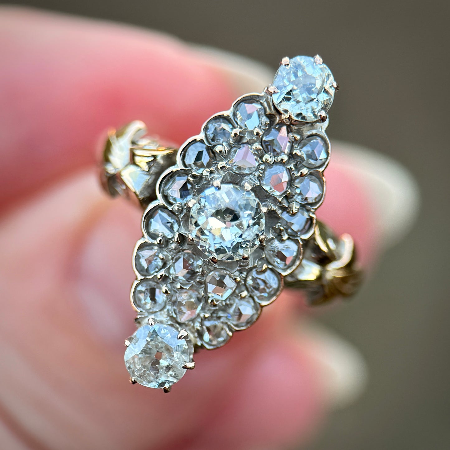 18ct Gold Antique Victorian 2.00ct Old Cut & Rose Cut Diamond Navette Ring