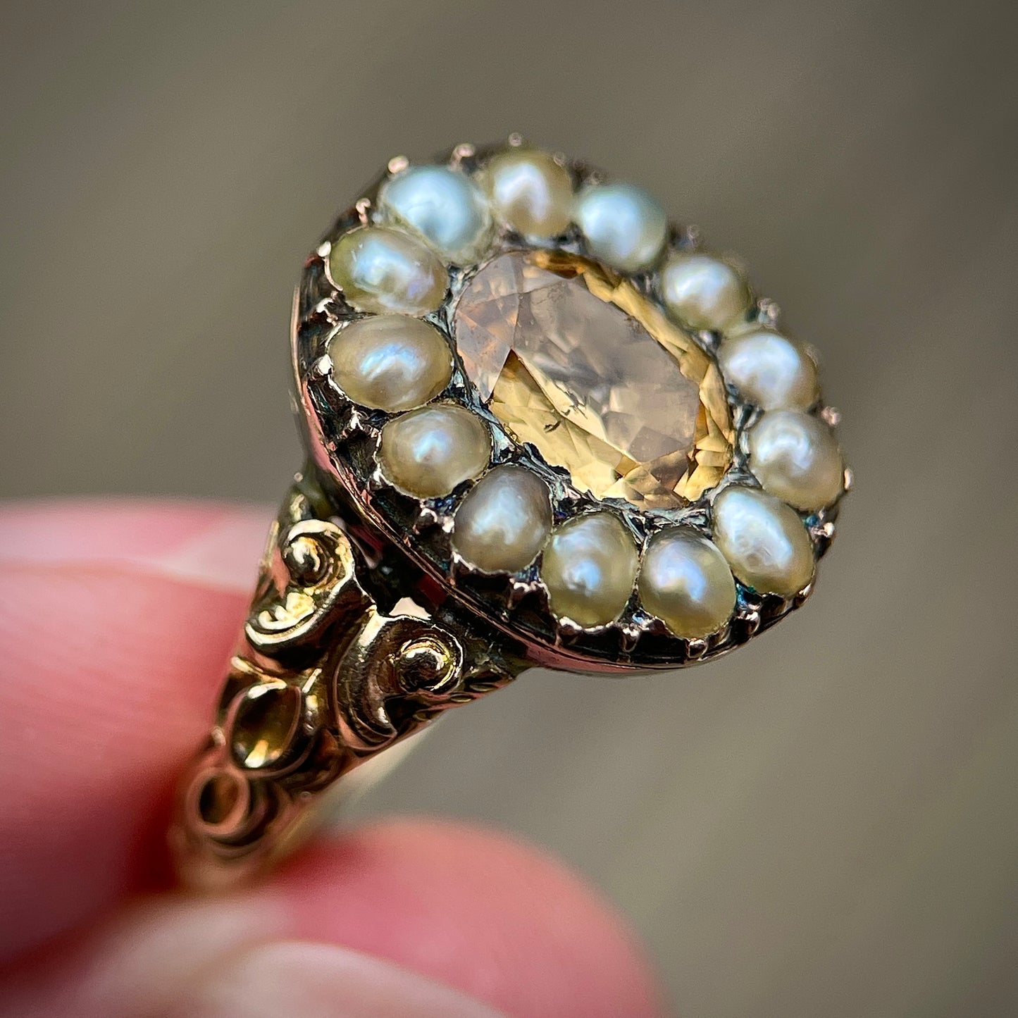Antique Georgian Chased 15ct Gold Imperial Golden Topaz and Seed Pearl Ring