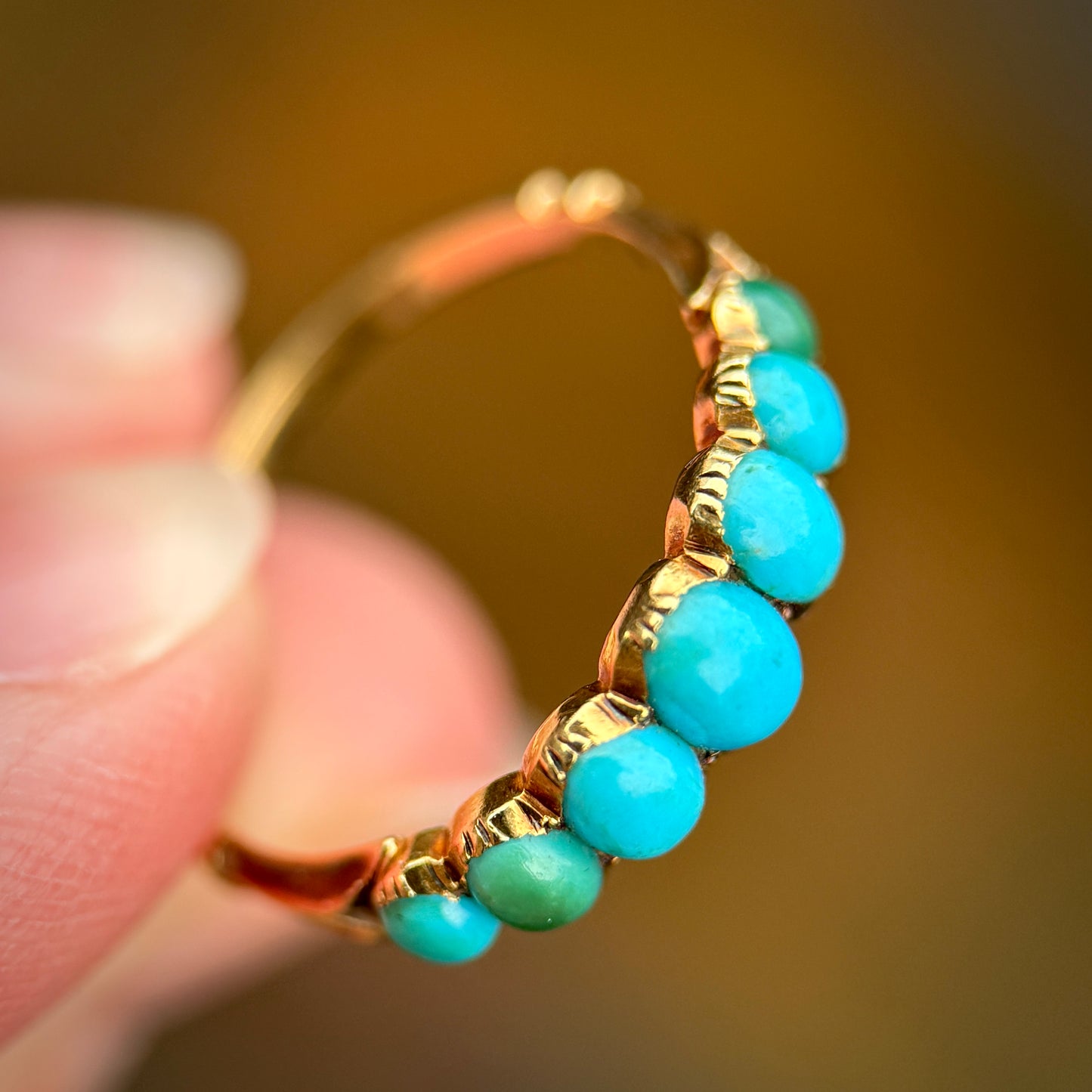 18CT Gold Antique Georgian Turquoise Seven Stone Half Hoop Ring Size K 1/2