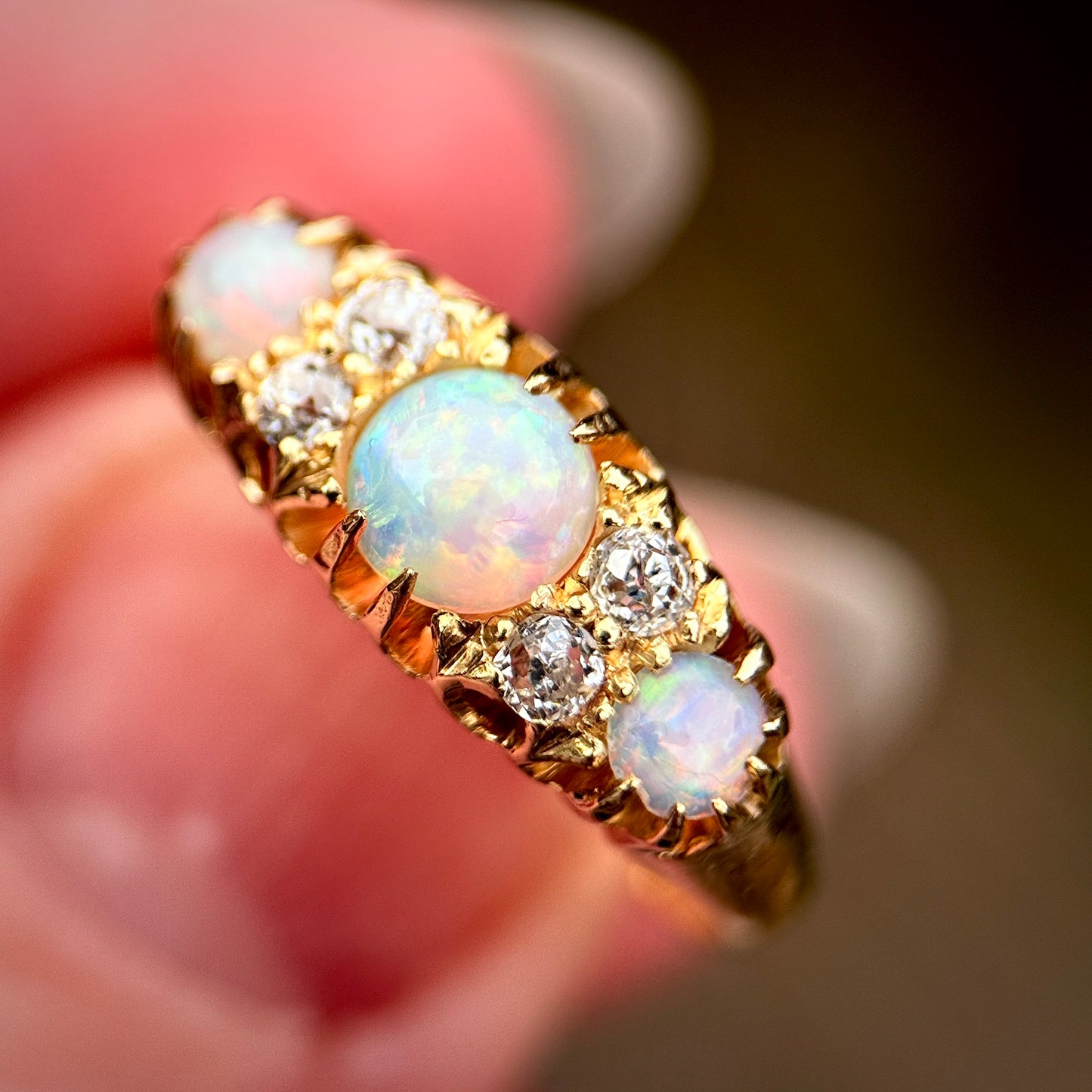 DEPOSIT PAYMENT 1 *** 18CT Gold Antique Fully Hallmarked Fiery Crystal Opal & Old Cut Diamond Ring